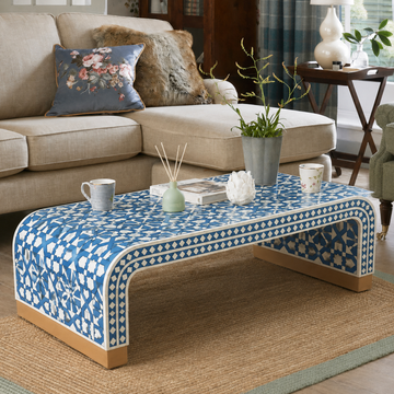 Handmade Blue Bone Inlay Coffee Table – Waterfall Design Living Room Table