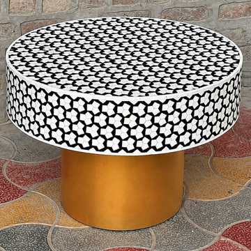 Black White Bone Inlay Round Coffee Table | Handmade Geometric Pattern Center Table | Luxury Living Room Furniture