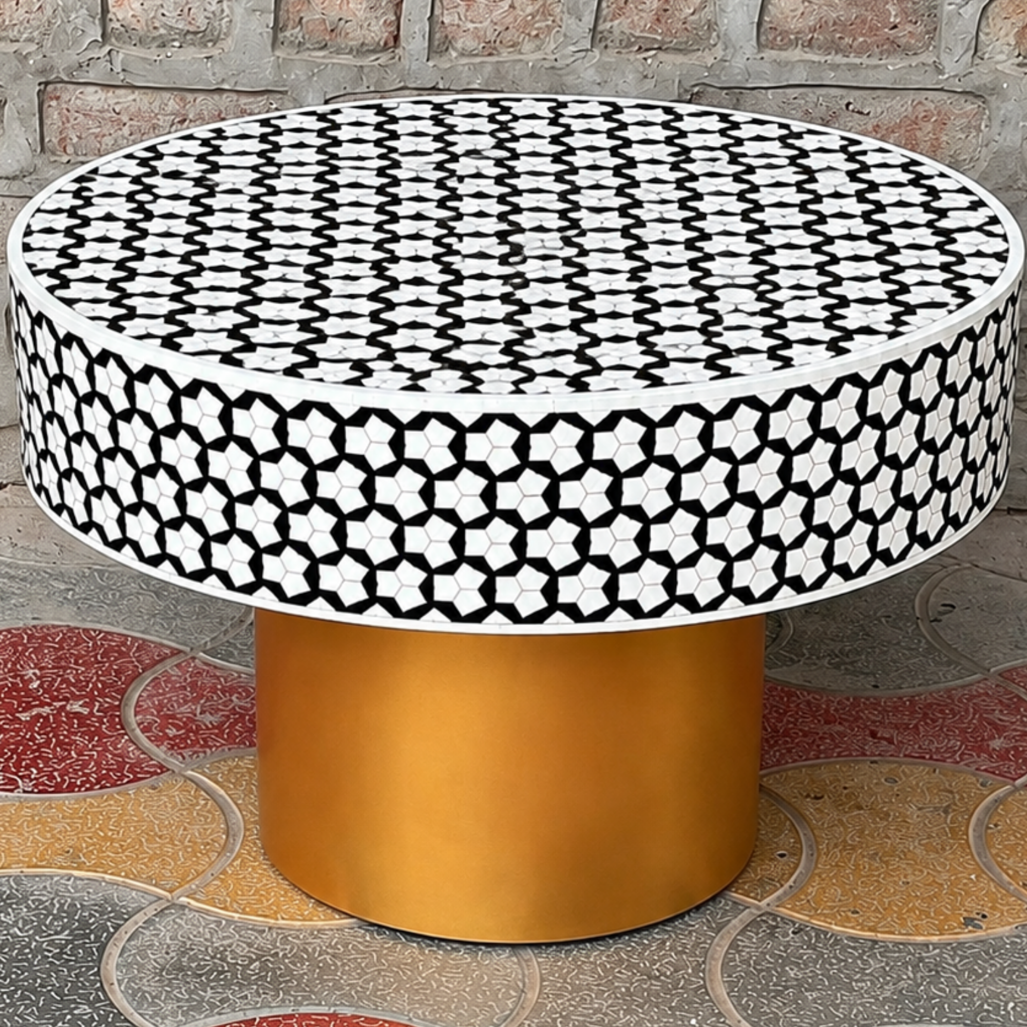 Black White Bone Inlay Round Coffee Table | Handmade Geometric Pattern Center Table | Luxury Living Room Furniture