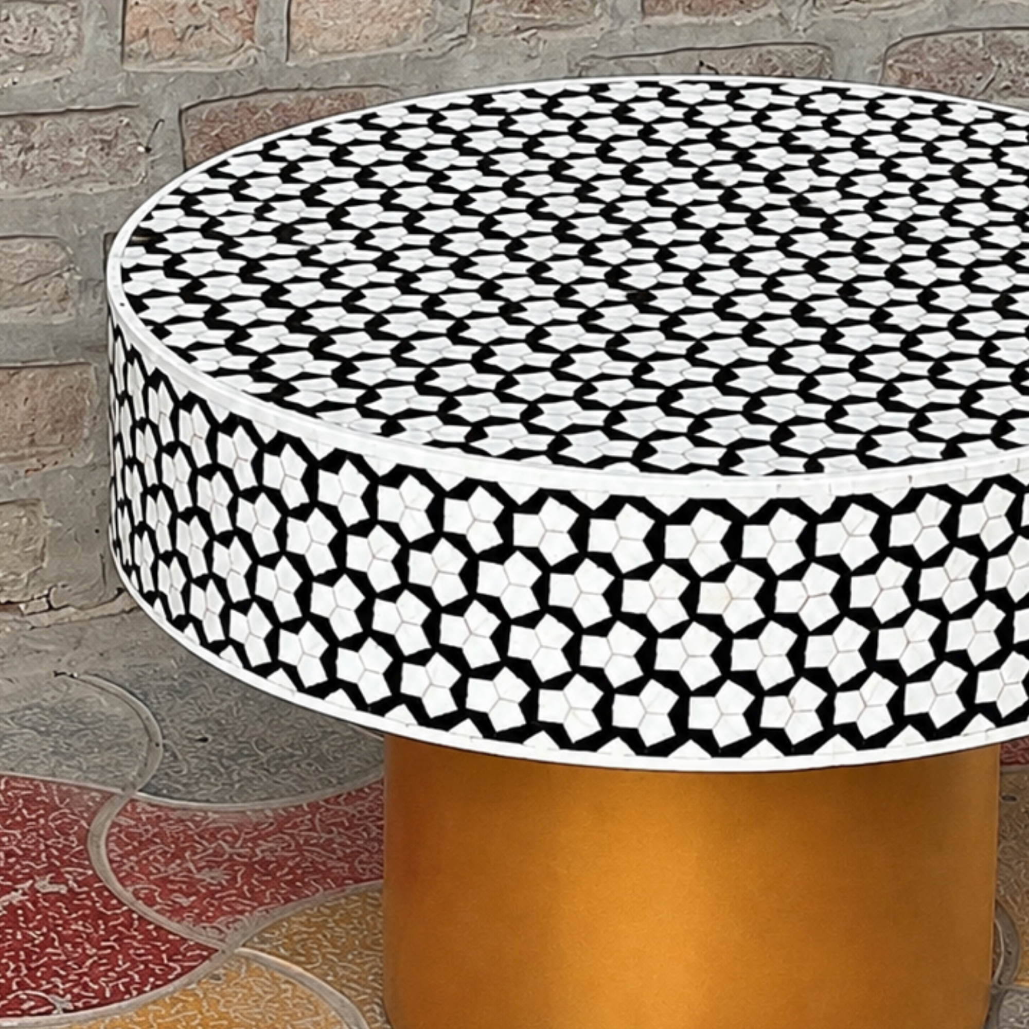 Black White Bone Inlay Round Coffee Table | Handmade Geometric Pattern Center Table | Luxury Living Room Furniture