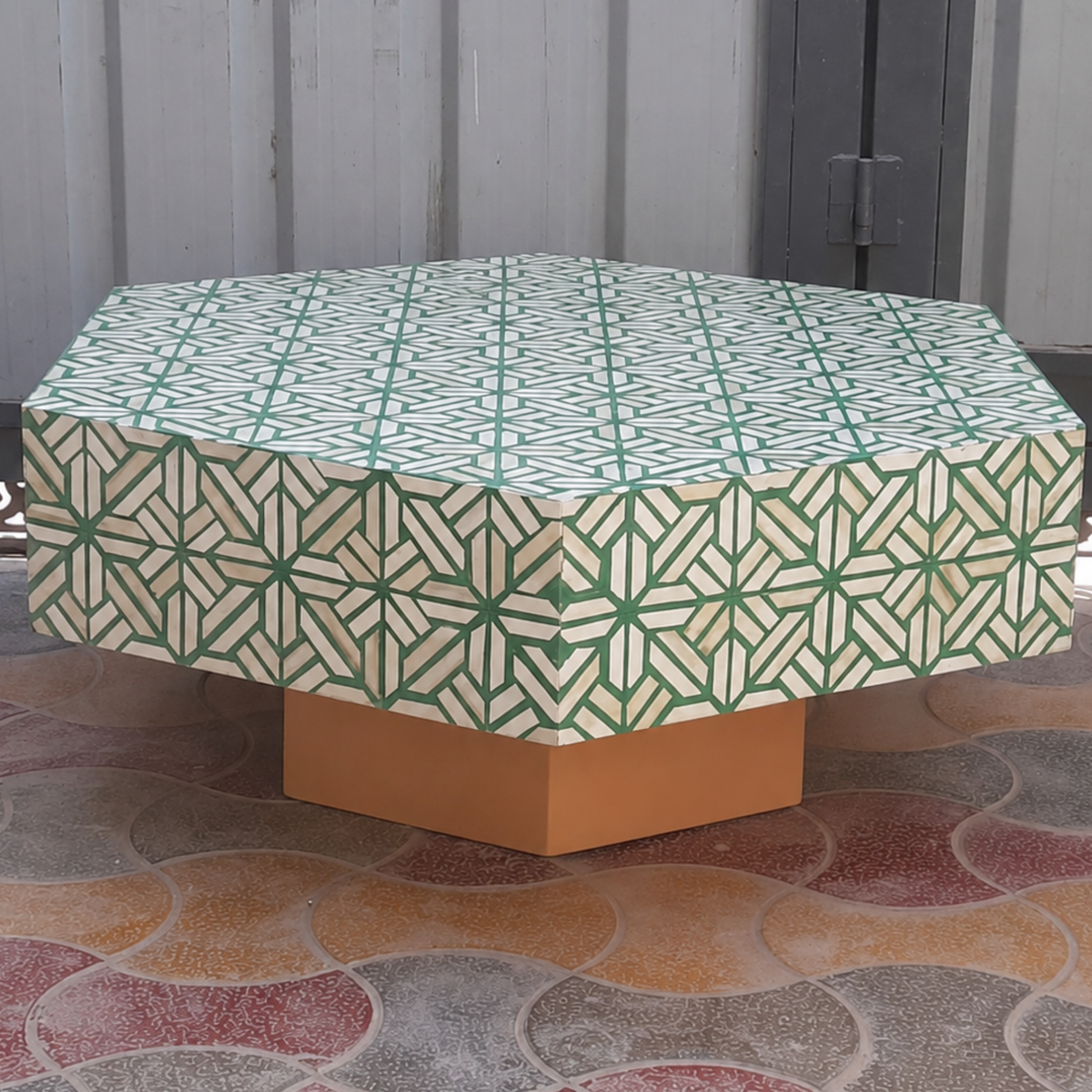 Handmade Green & White Bone Inlay Octagonal Coffee Table – Geometric Mosaic Table with Gold Base