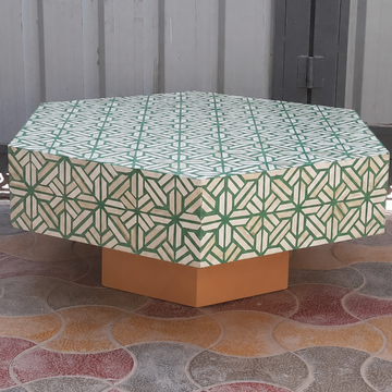 Handmade Green & White Bone Inlay Octagonal Coffee Table – Geometric Mosaic Table with Gold Base