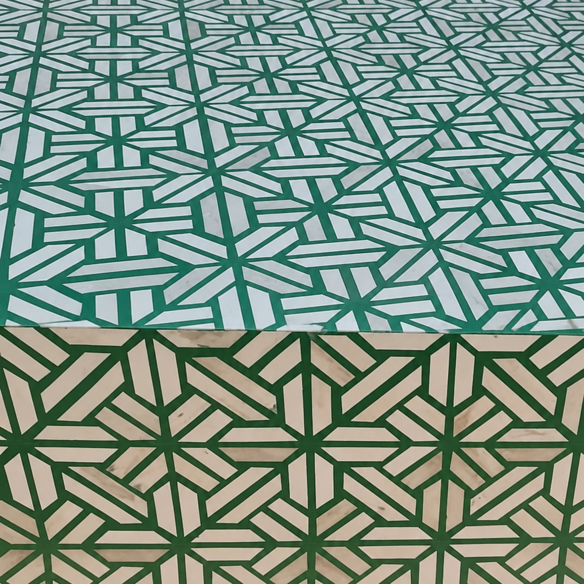 Handmade Green & White Bone Inlay Octagonal Coffee Table – Geometric Mosaic Table with Gold Base
