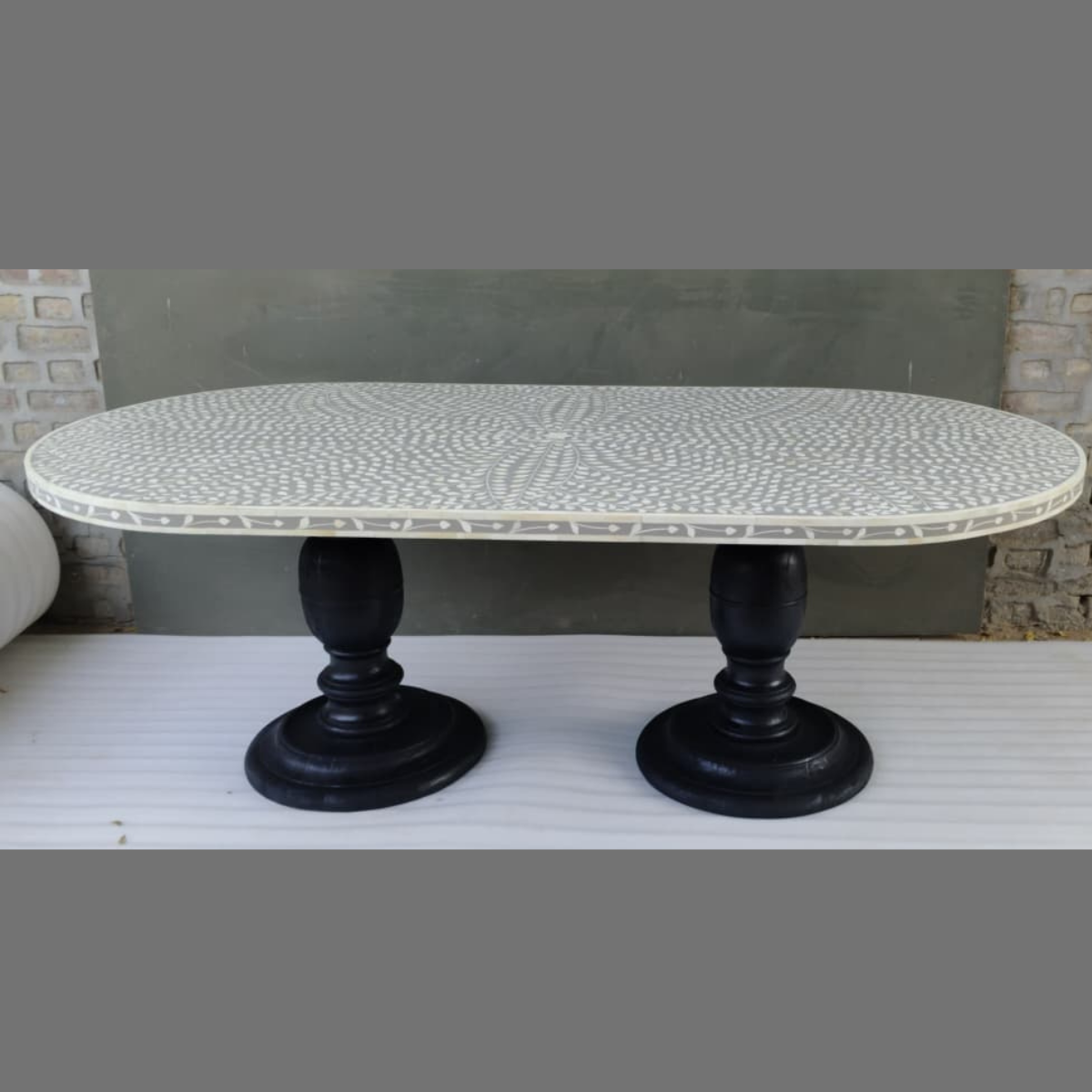 Handmade Grey Bone Inlay Oval Dining Table | Floral Bone Inlay Dining Table