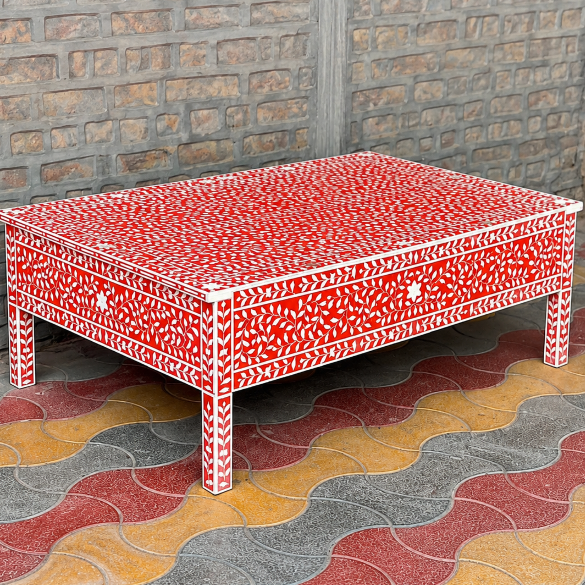Handmade Red Bone Inlay Coffee Table with Drawers | Floral Pattern Coffee Table | Luxury Living Room Furniture