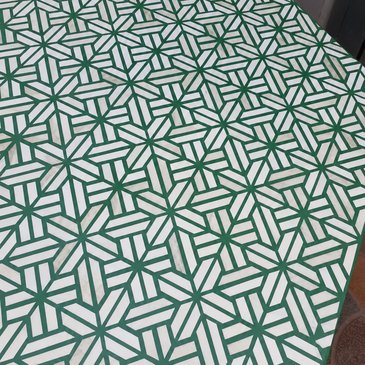 Handmade Green & White Bone Inlay Octagonal Coffee Table – Geometric Mosaic Table with Gold Base