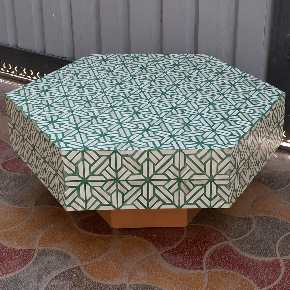 Handmade Green & White Bone Inlay Octagonal Coffee Table – Geometric Mosaic Table with Gold Base