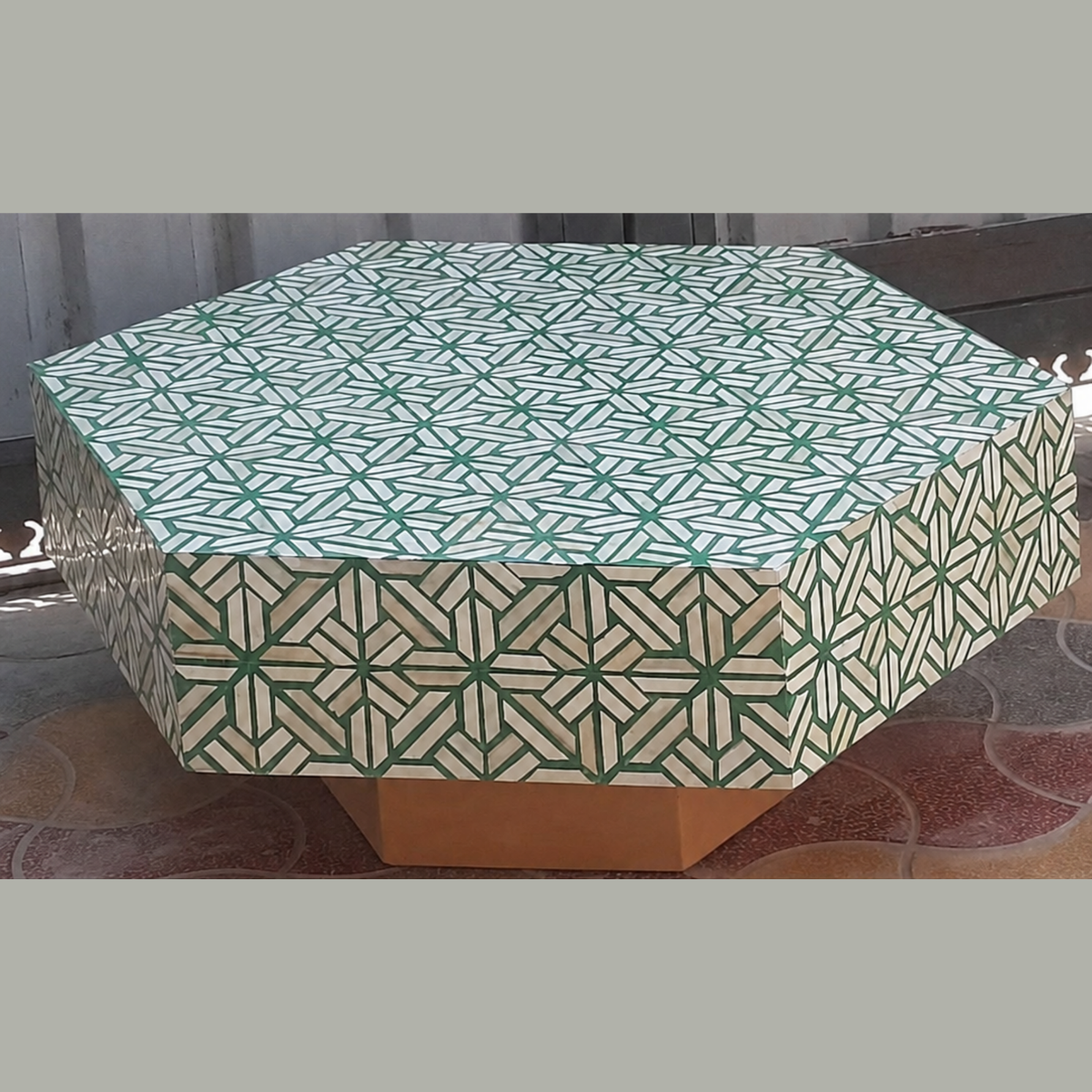 Handmade Green & White Bone Inlay Octagonal Coffee Table – Geometric Mosaic Table with Gold Base
