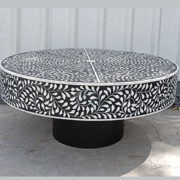 Black Bone Inlay Coffee Table Round Coffee Table Handmade Floral Bone Inlay Furniture Luxury Living Room Center Table