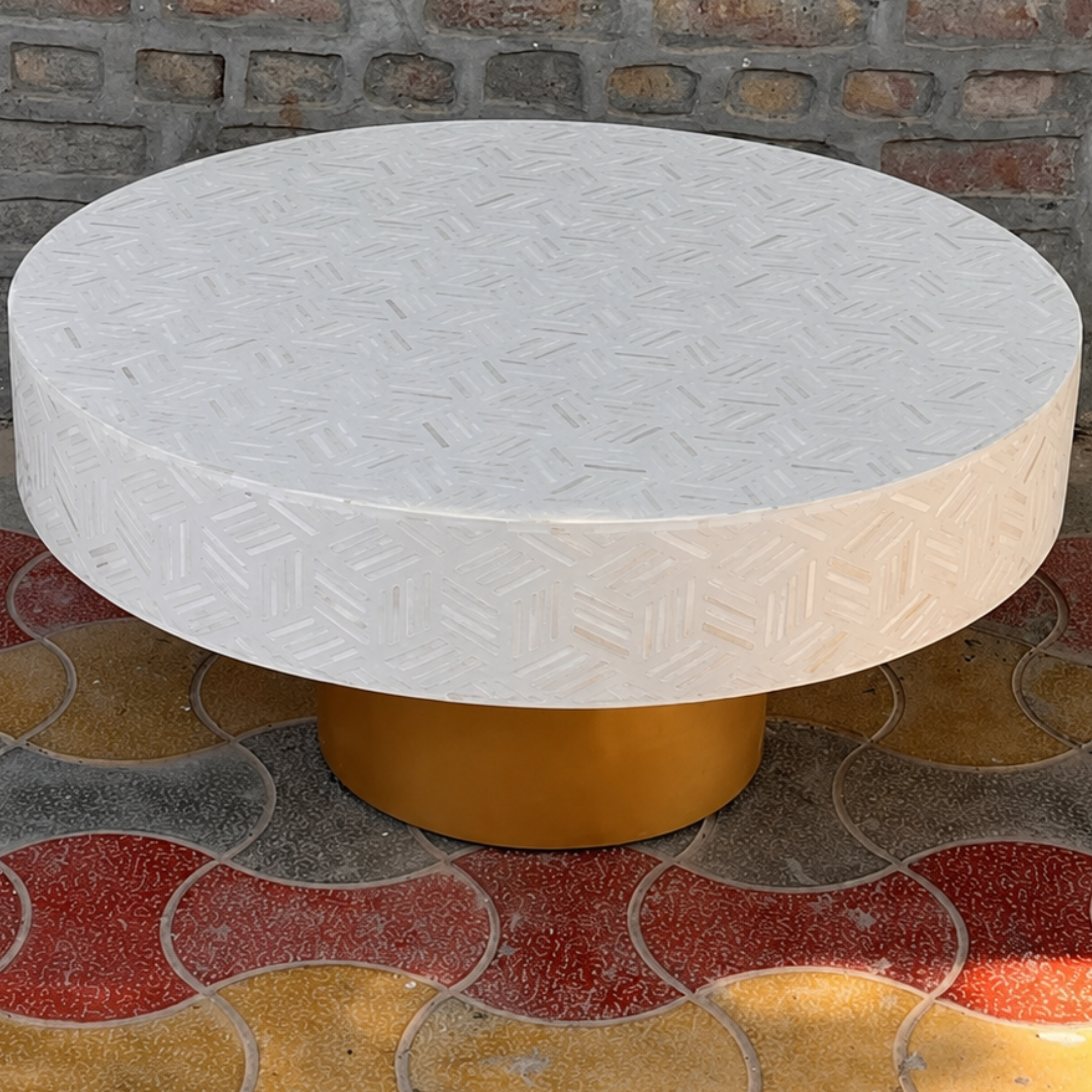 White Bone Inlay Coffee Table Round Coffee Table Handmade Bone Inlay Furniture Luxury Living Room Center Table Decor