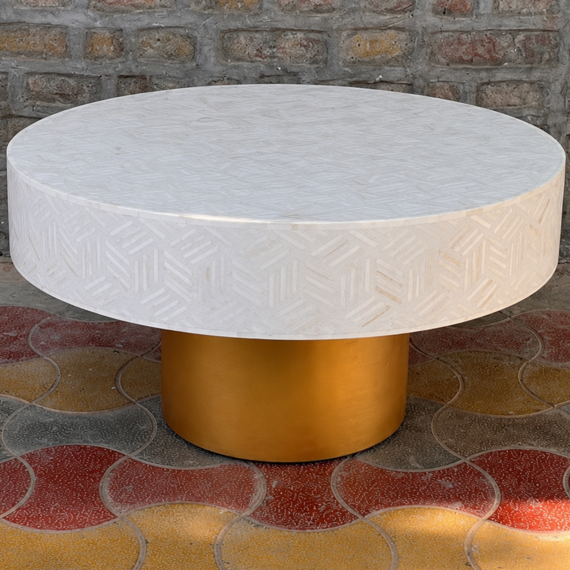 White Bone Inlay Coffee Table Round Coffee Table Handmade Bone Inlay Furniture Luxury Living Room Center Table Decor