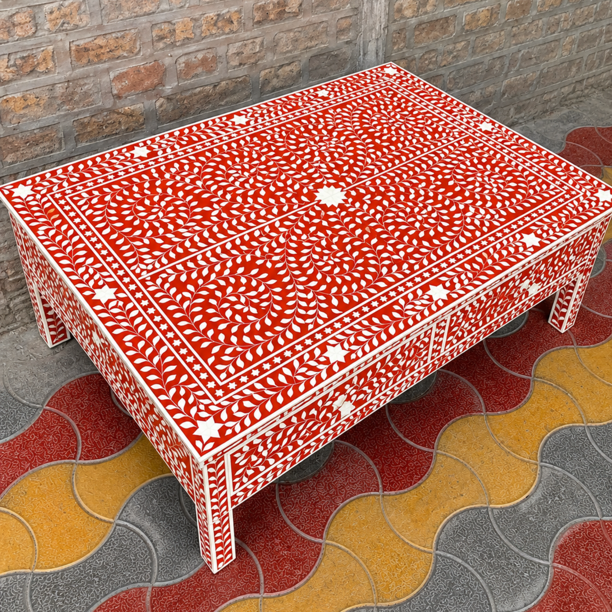 Handmade Red Bone Inlay Coffee Table with Drawers | Floral Pattern Coffee Table | Luxury Living Room Furniture