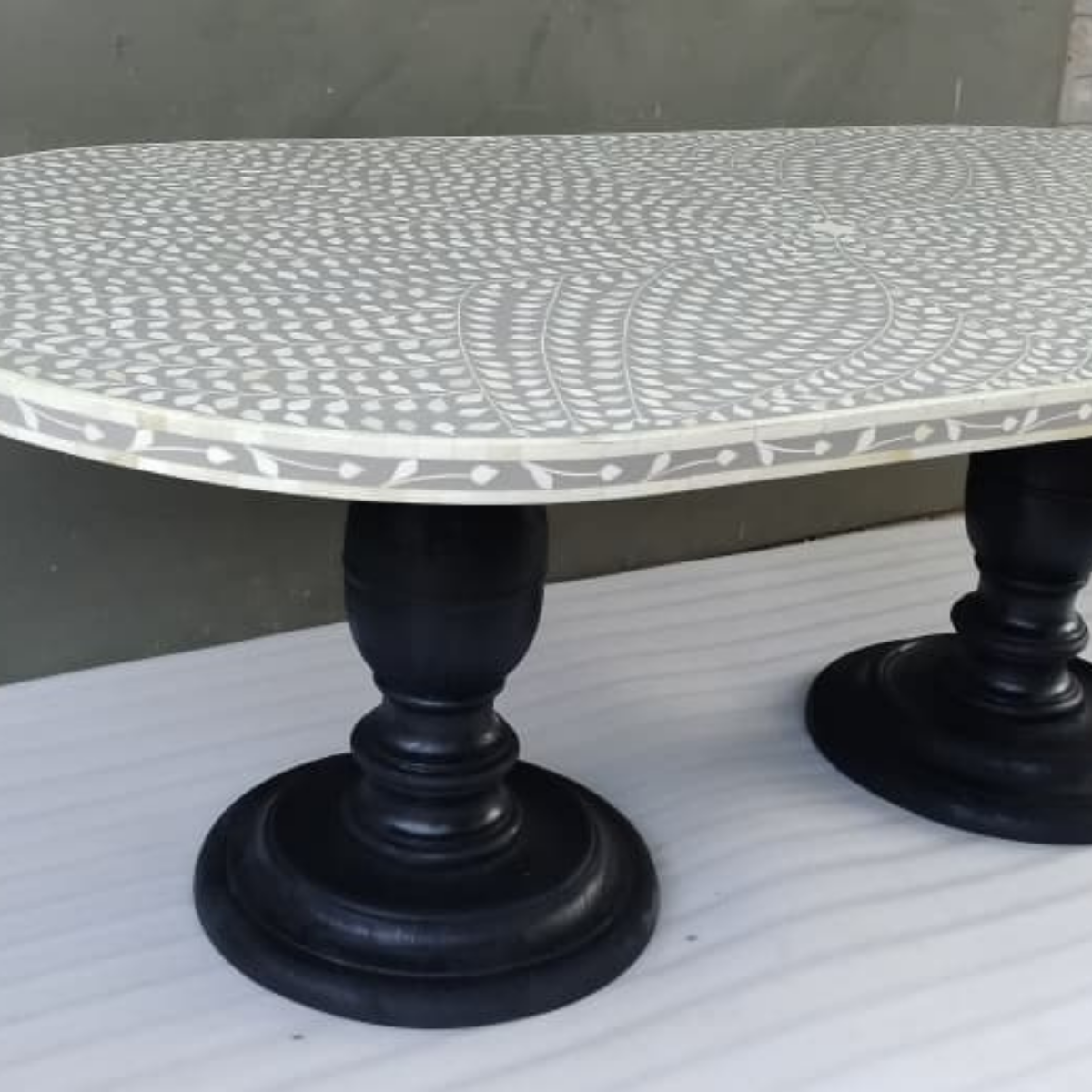 Handmade Grey Bone Inlay Oval Dining Table | Floral Bone Inlay Dining Table
