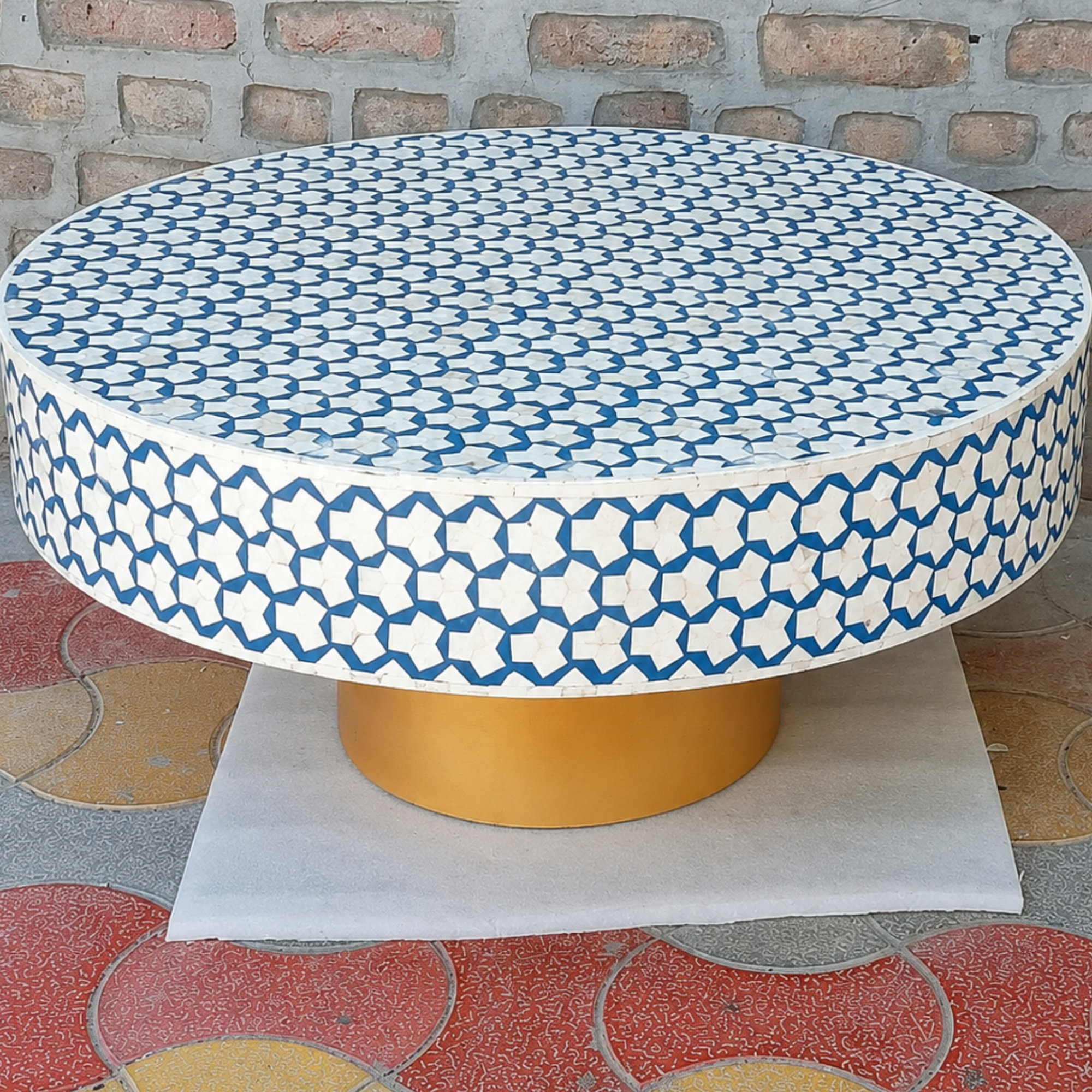 Blue Bone Inlay Coffee Table Round Coffee Table Handmade Bone Inlay Furniture Living Room Table Luxury Coffee Table