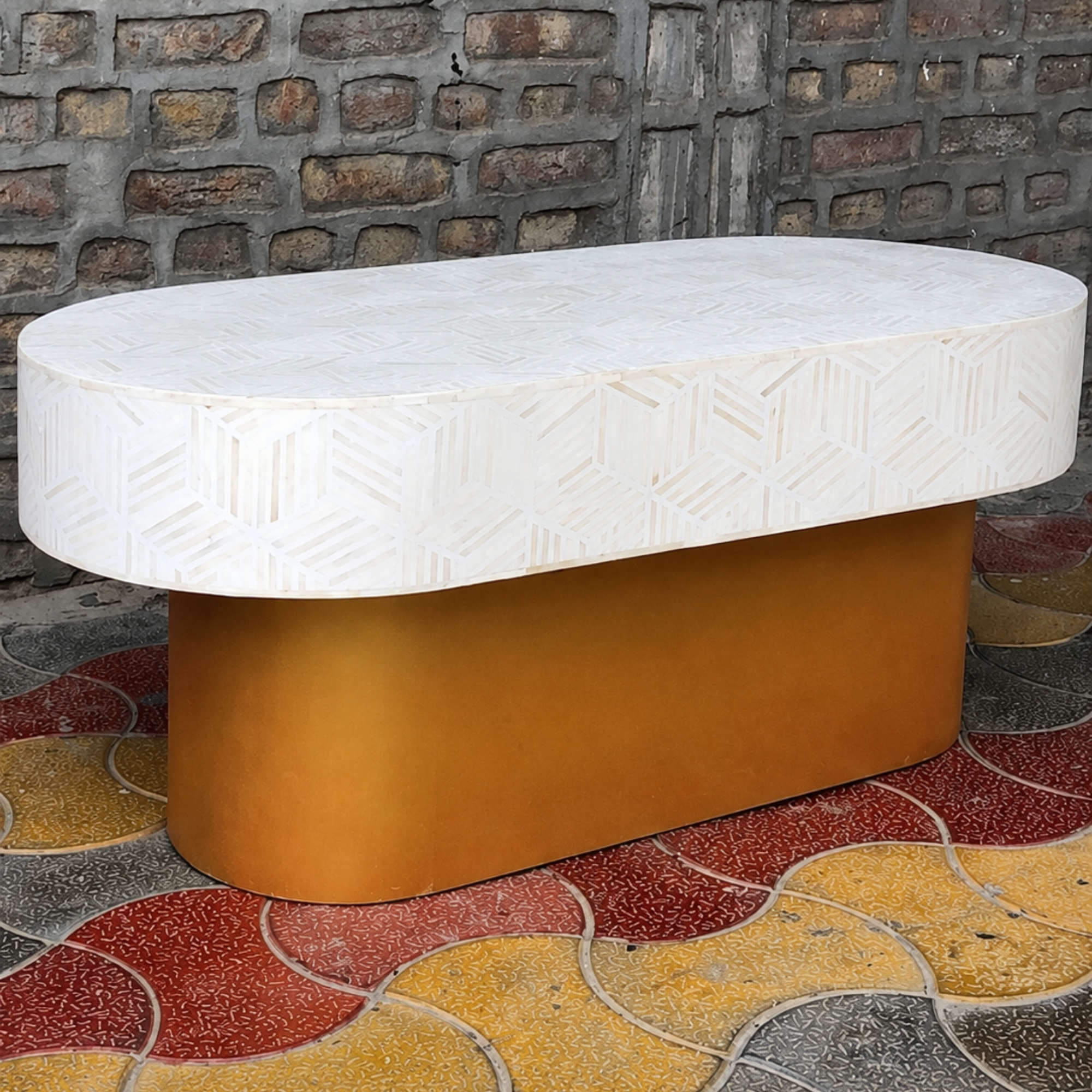 White Bone Inlay Coffee Table Oval Coffee Table Handmade Luxury Living Room Furniture Modern Geometric Bone Inlay Table