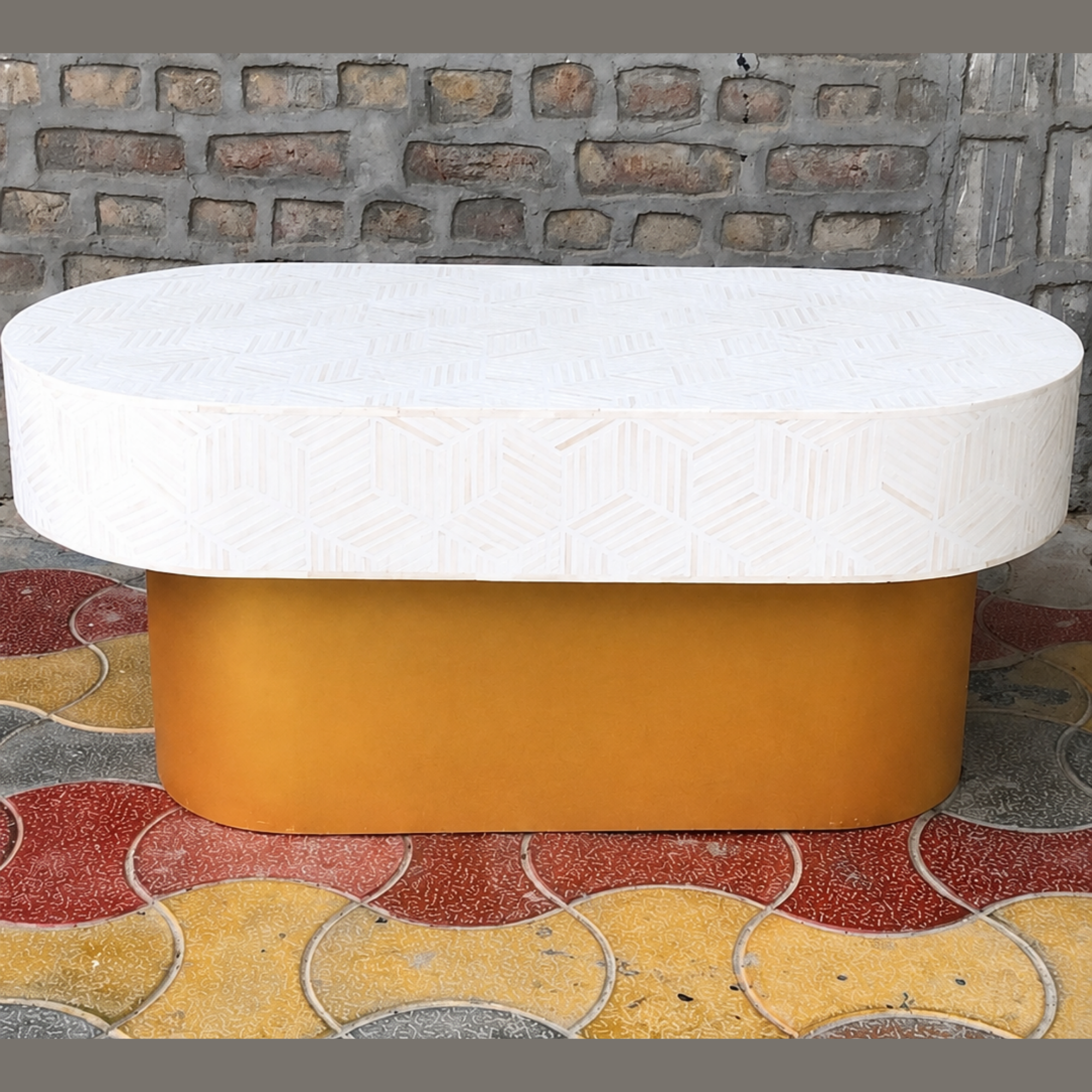 White Bone Inlay Coffee Table Oval Coffee Table Handmade Luxury Living Room Furniture Modern Geometric Bone Inlay Table