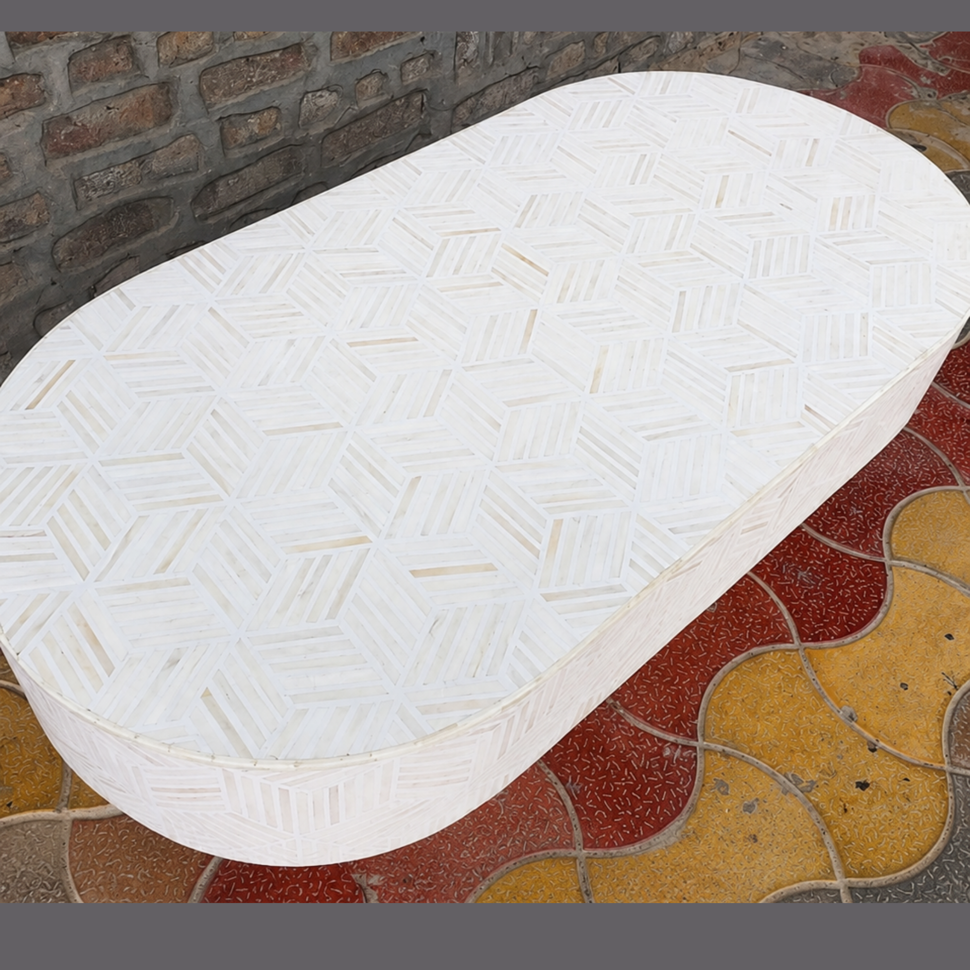 White Bone Inlay Coffee Table Oval Coffee Table Handmade Luxury Living Room Furniture Modern Geometric Bone Inlay Table