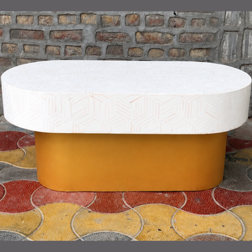 White Bone Inlay Coffee Table Oval Coffee Table Handmade Luxury Living Room Furniture Modern Geometric Bone Inlay Table