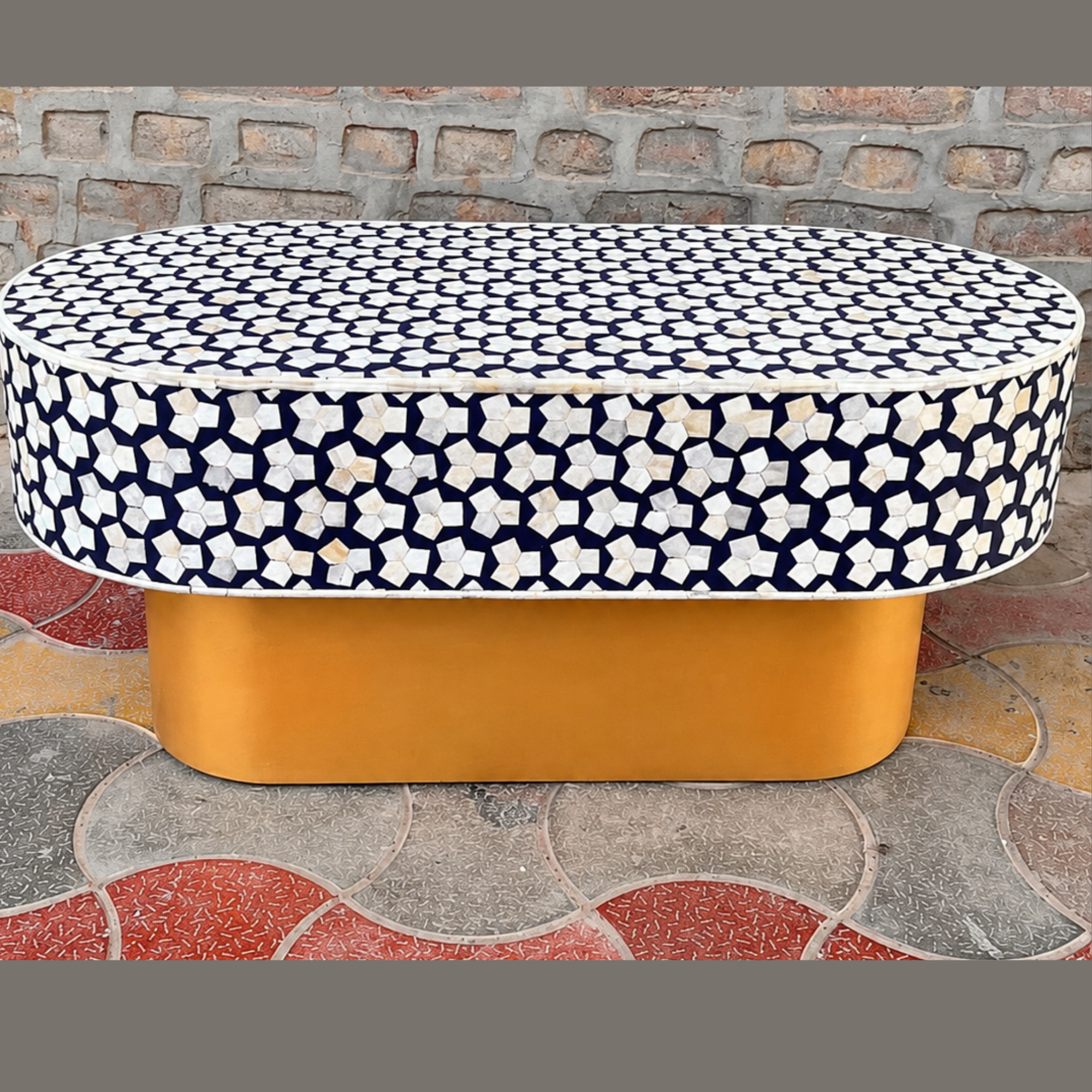Navy Blue Bone Inlay Coffee Table Oval Coffee Table Handmade Bone Inlay Furniture Luxury Living Room Center Table