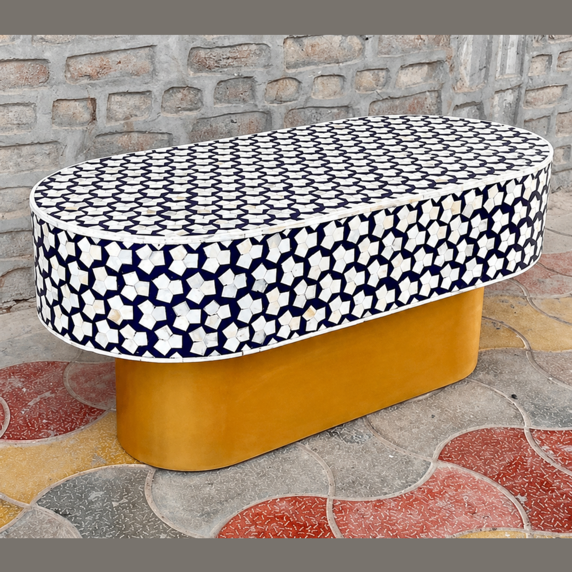 Navy Blue Bone Inlay Coffee Table Oval Coffee Table Handmade Bone Inlay Furniture Luxury Living Room Center Table
