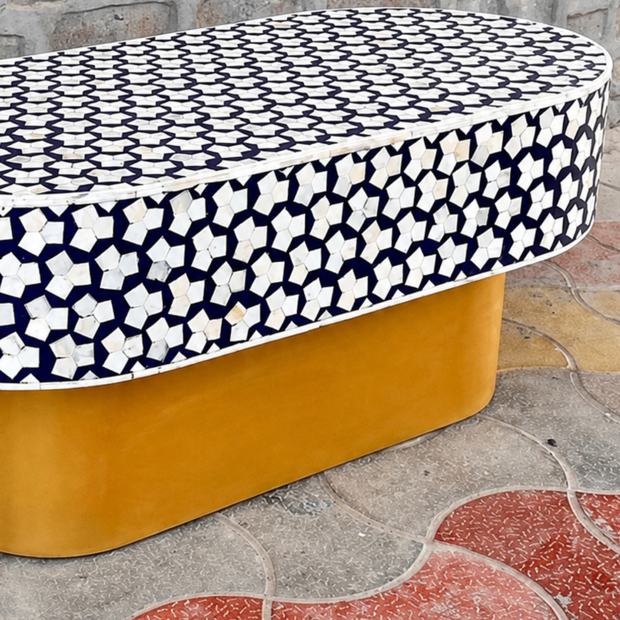 Navy Blue Bone Inlay Coffee Table Oval Coffee Table Handmade Bone Inlay Furniture Luxury Living Room Center Table