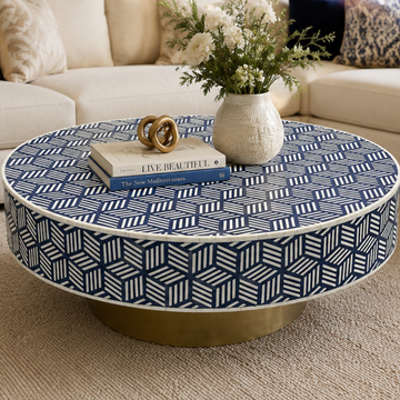 Handmade Bone Inlay Round Coffee Table Blue White 3D Cube Geometric Pattern Luxury Center Table
