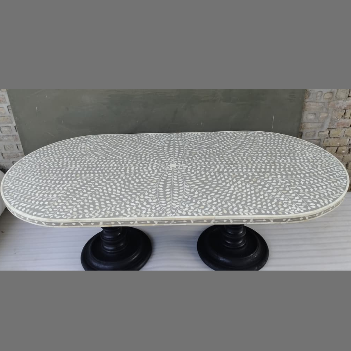Handmade Grey Bone Inlay Oval Dining Table | Floral Bone Inlay Dining Table