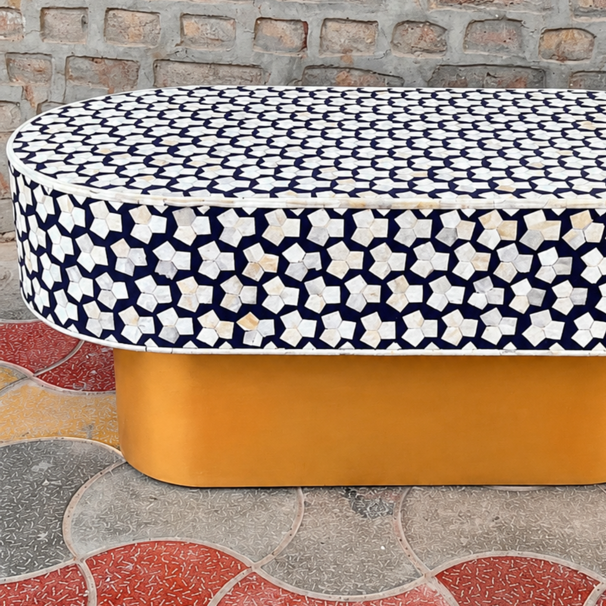 Navy Blue Bone Inlay Coffee Table Oval Coffee Table Handmade Bone Inlay Furniture Luxury Living Room Center Table