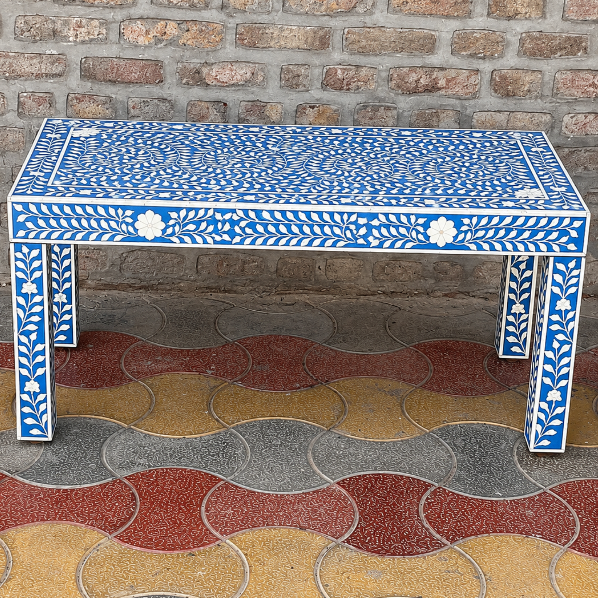 Blue Bone Inlay Coffee Table Handmade Floral Coffee Table Luxury Living Room Furniture Rectangular Bone Inlay Center Table