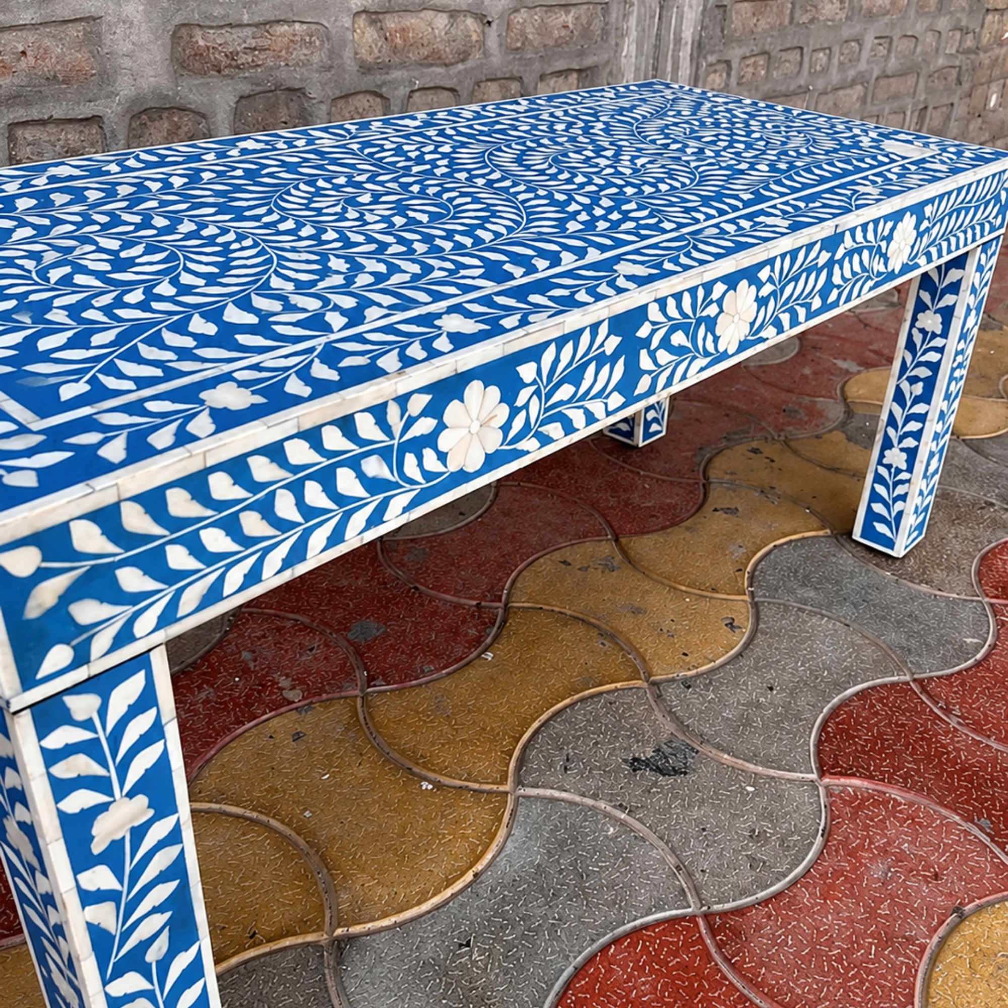 Blue Bone Inlay Coffee Table Handmade Floral Coffee Table Luxury Living Room Furniture Rectangular Bone Inlay Center Table