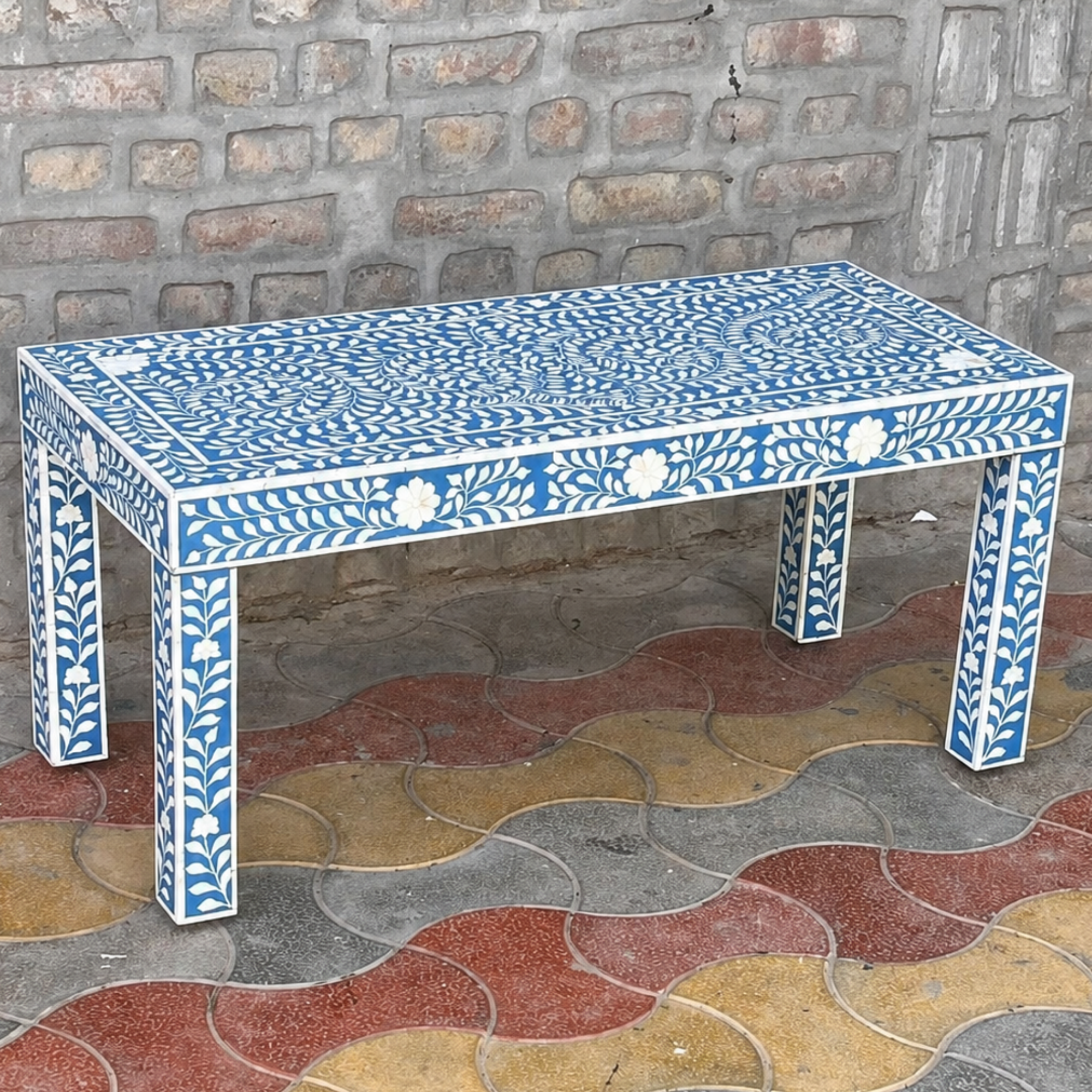 Blue Bone Inlay Coffee Table Handmade Floral Coffee Table Luxury Living Room Furniture Rectangular Bone Inlay Center Table