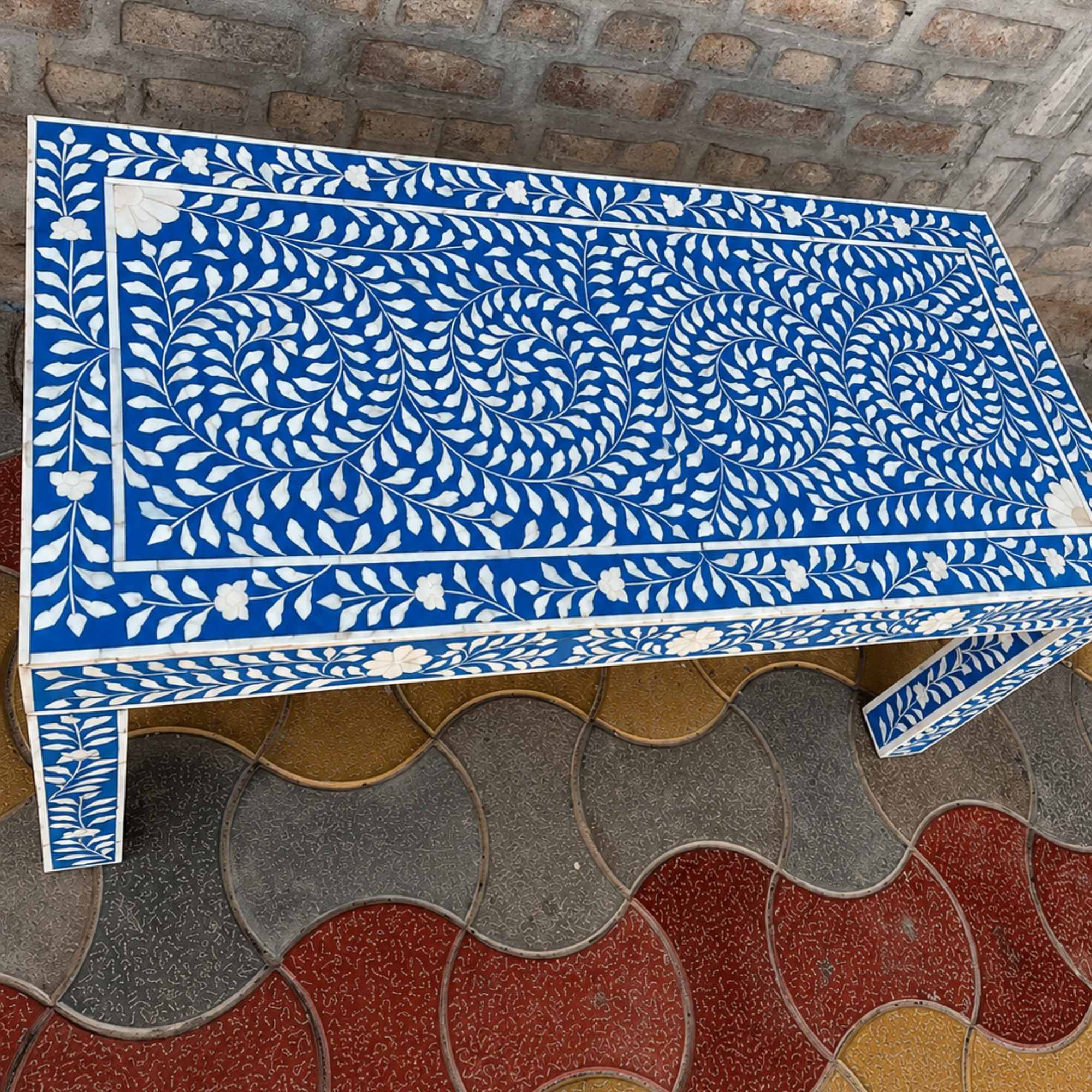 Blue Bone Inlay Coffee Table Handmade Floral Coffee Table Luxury Living Room Furniture Rectangular Bone Inlay Center Table