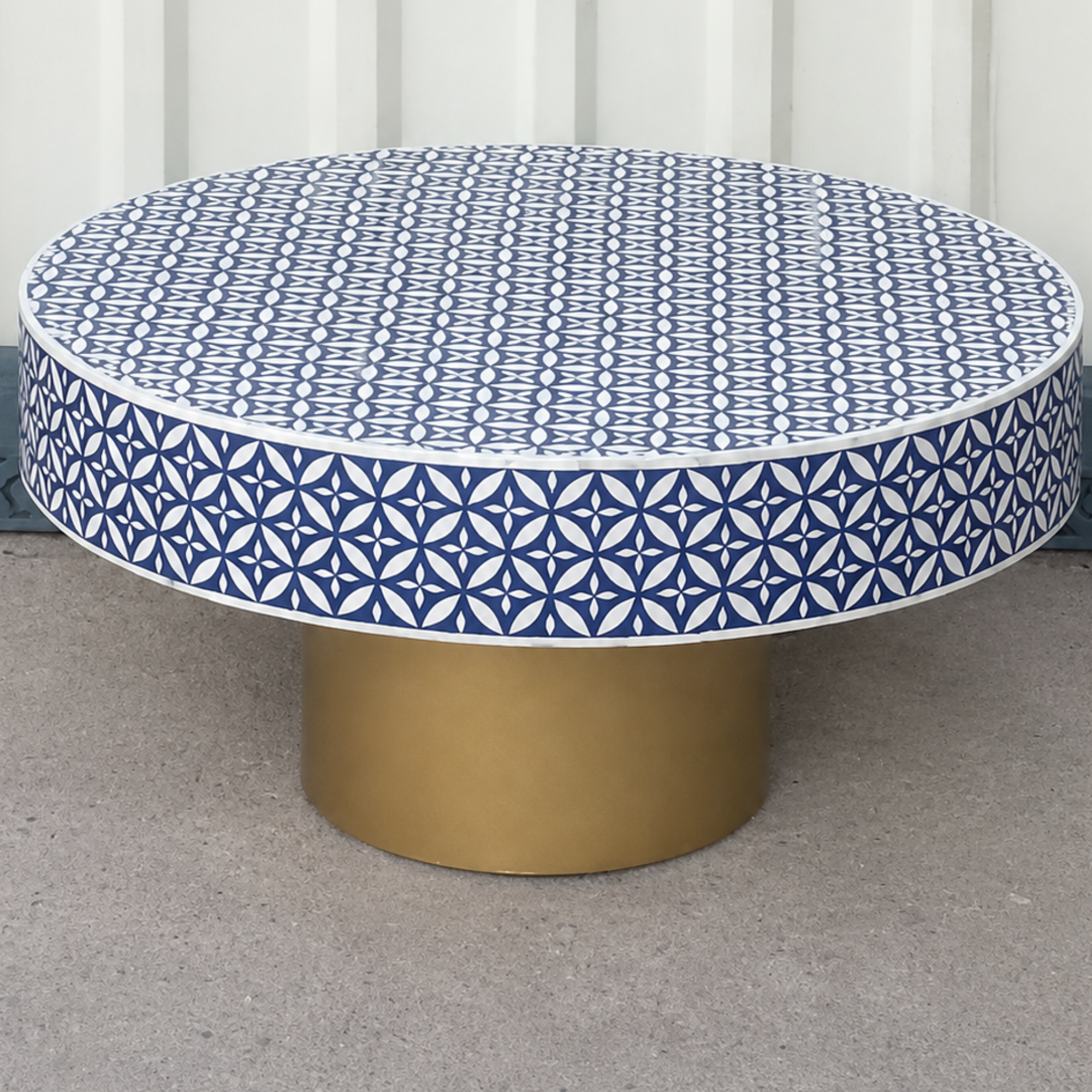 Blue Bone Inlay Coffee Table Round Coffee Table Handmade Living Room Table Geometric Bone Inlay Furniture Luxury Decor