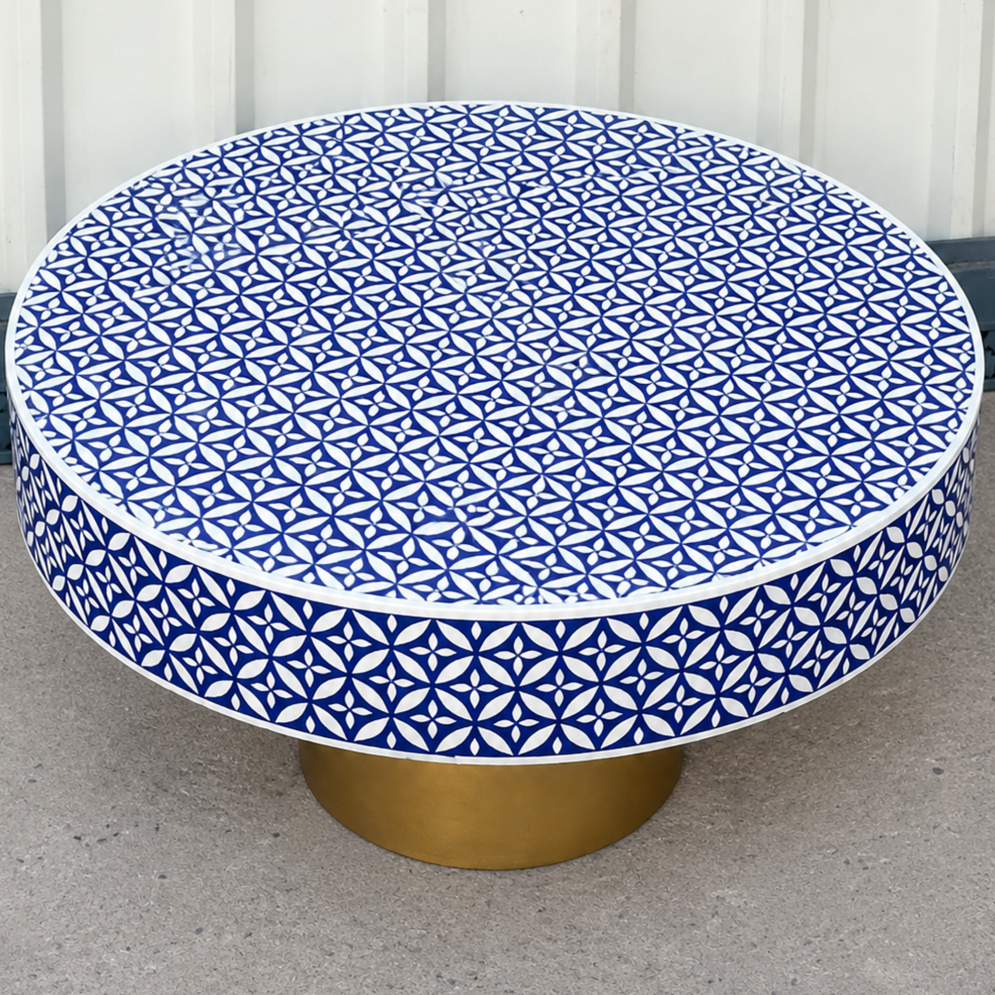 Blue Bone Inlay Coffee Table Round Coffee Table Handmade Living Room Table Geometric Bone Inlay Furniture Luxury Decor