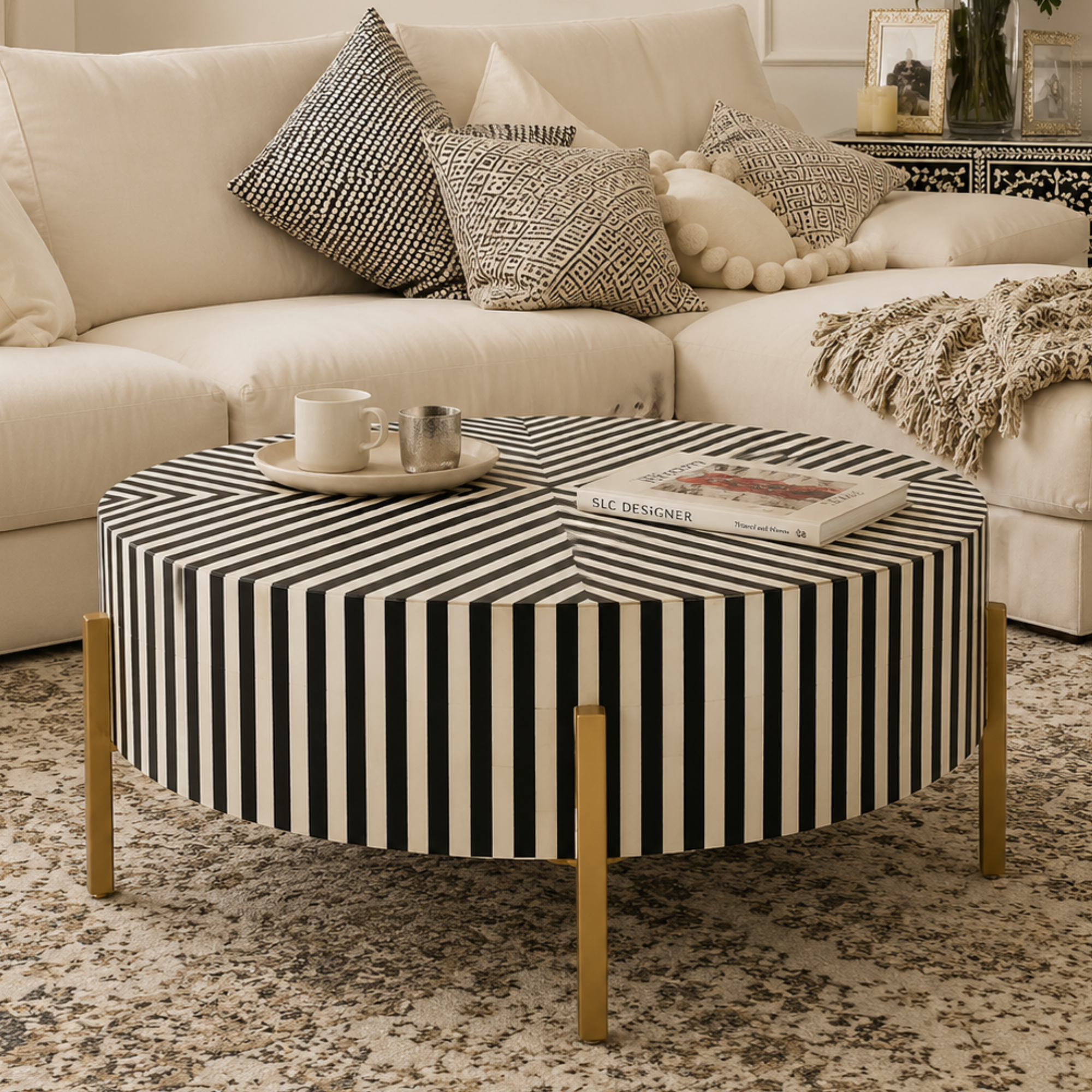 Black and White Striped Bone Inlay Round Coffee Table with Gold Legs | Modern Geometric Center Table