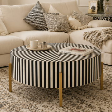 Black and White Striped Bone Inlay Round Coffee Table with Gold Legs | Modern Geometric Center Table