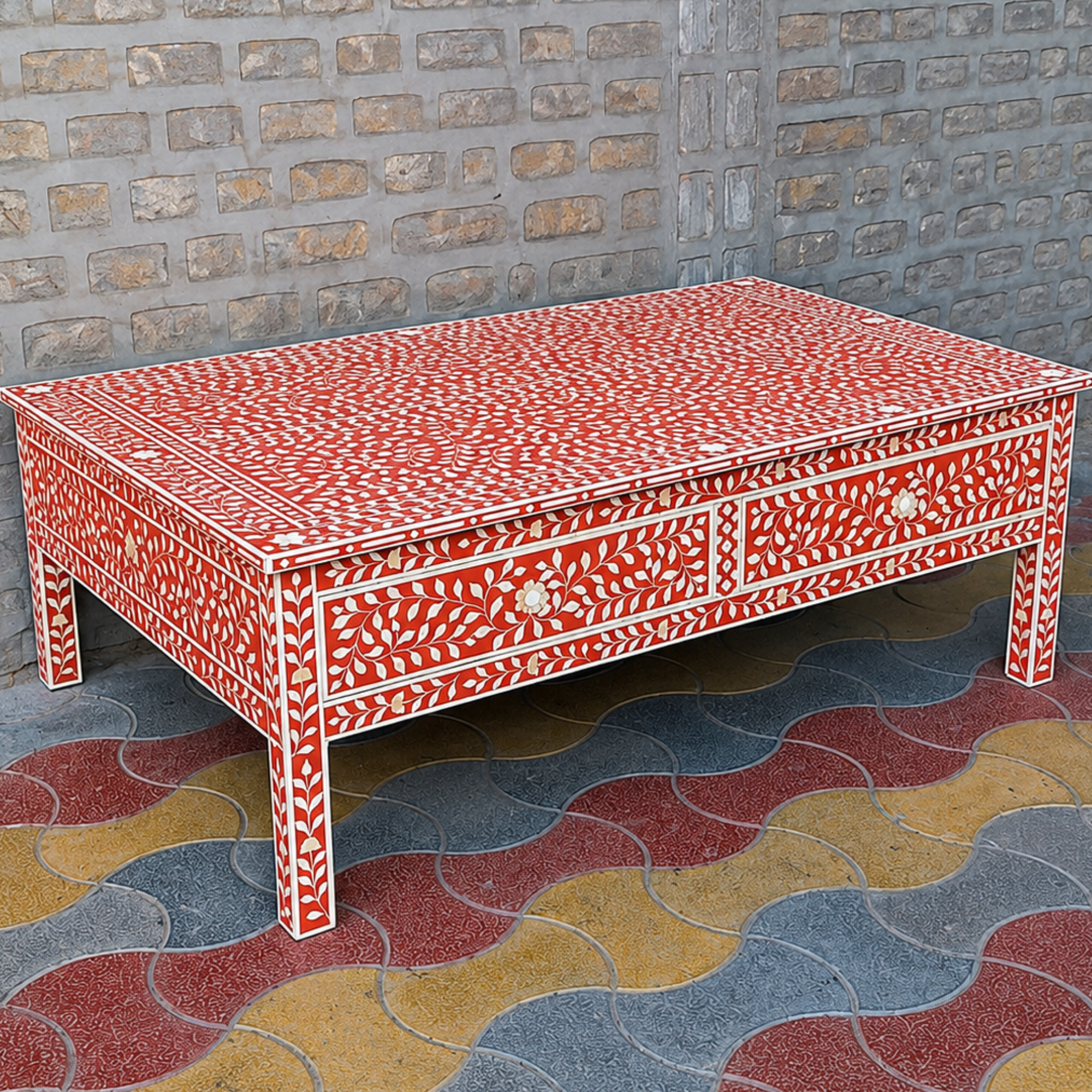 Handmade Red Bone Inlay Coffee Table with Drawers | Floral Pattern Coffee Table | Luxury Living Room Furniture