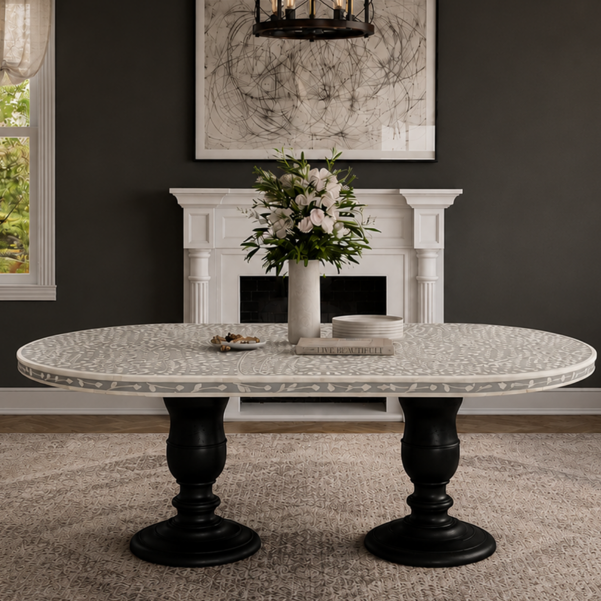 Handmade Grey Bone Inlay Oval Dining Table | Floral Bone Inlay Dining Table