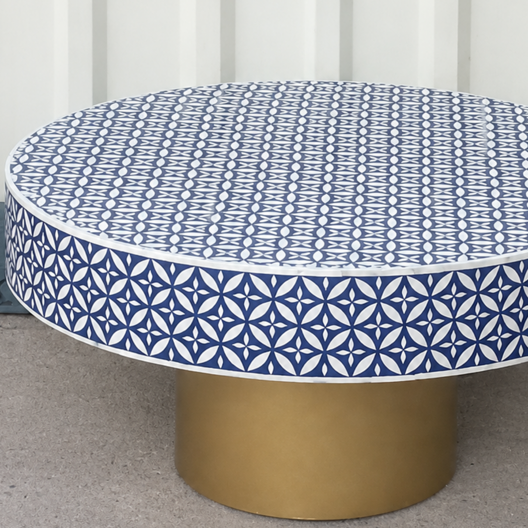 Blue Bone Inlay Coffee Table Round Coffee Table Handmade Living Room Table Geometric Bone Inlay Furniture Luxury Decor
