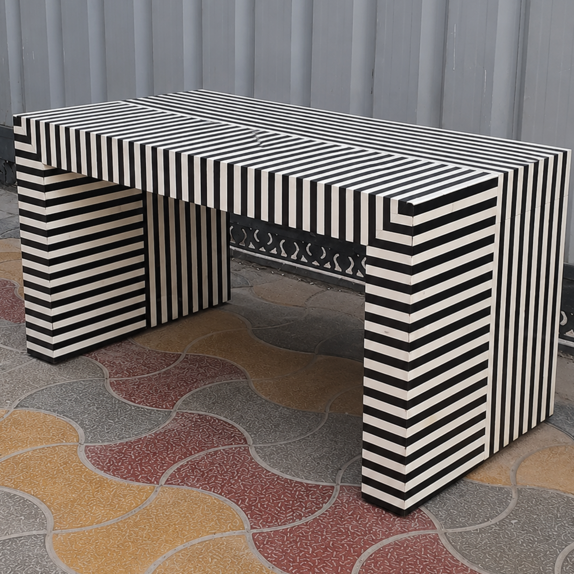 Black White Striped Bone Inlay Coffee Table Handmade Waterfall Coffee Table Modern Living Room Furniture Luxury Decor