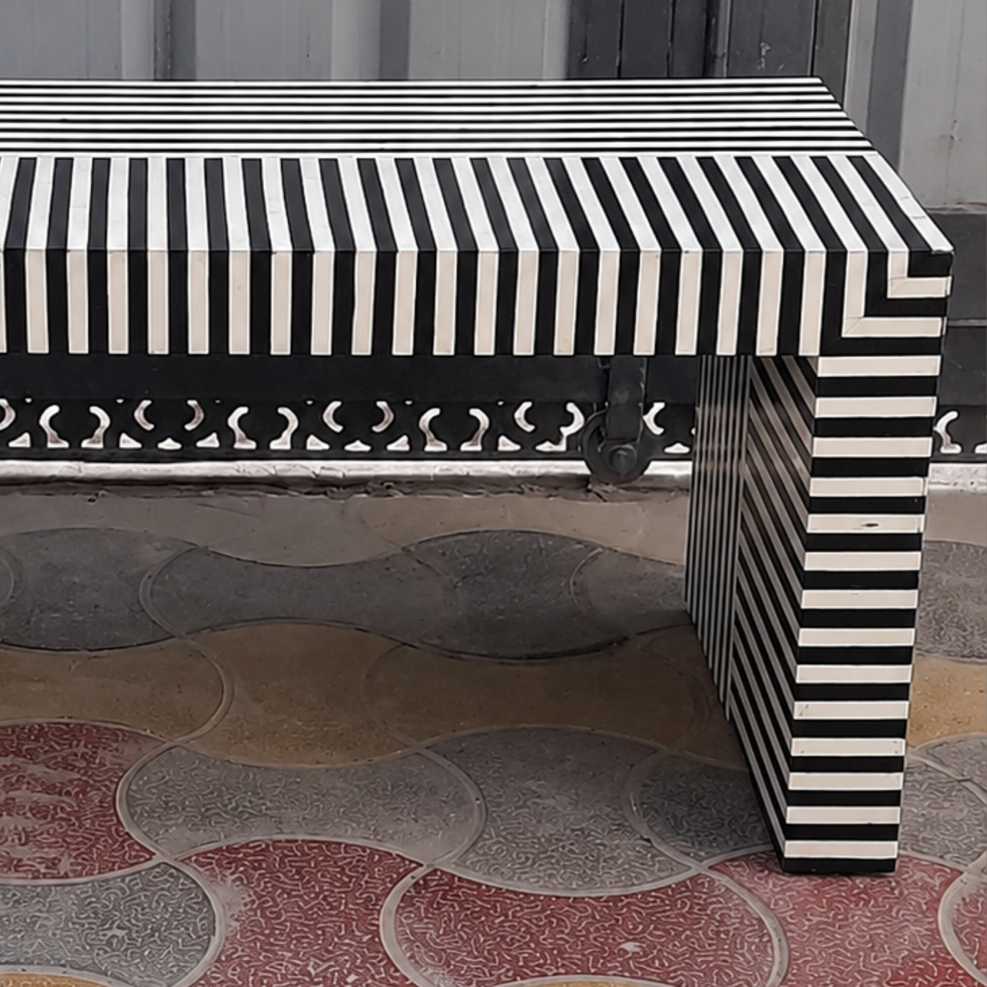 Black White Striped Bone Inlay Coffee Table Handmade Waterfall Coffee Table Modern Living Room Furniture Luxury Decor