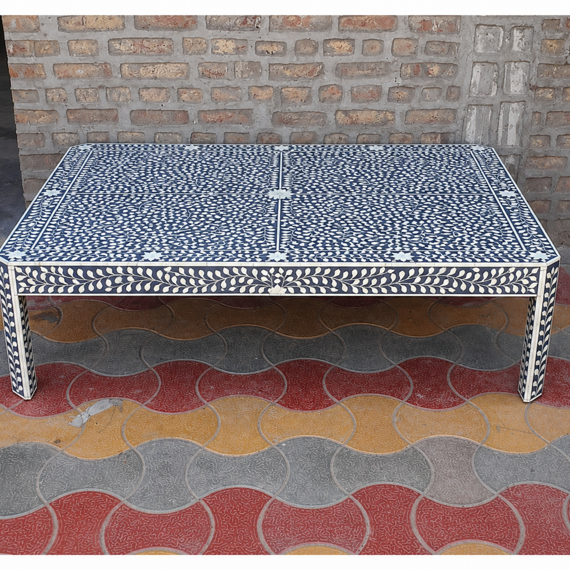 Handmade Bone Inlay Coffee Table Black White Floral Pattern Rectangle Coffee Table Luxury Living Room Furniture