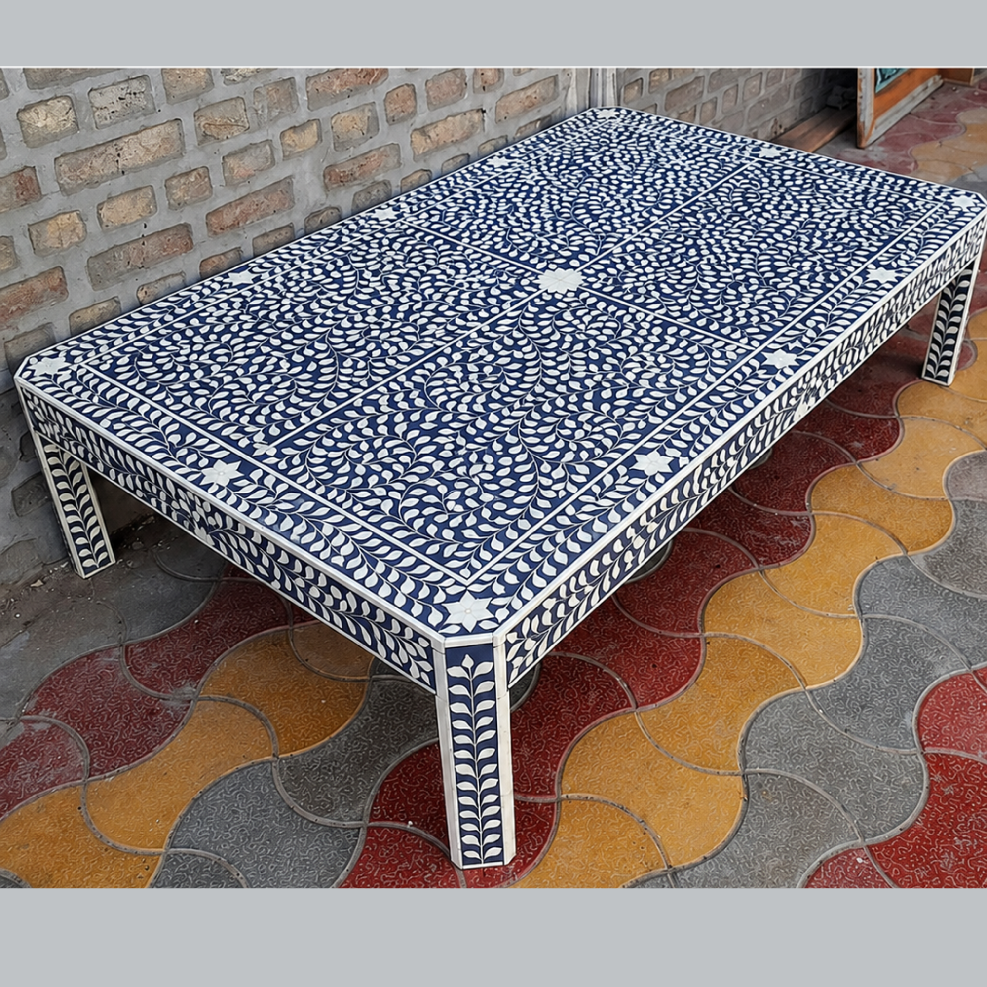 Handmade Bone Inlay Coffee Table Black White Floral Pattern Rectangle Coffee Table Luxury Living Room Furniture