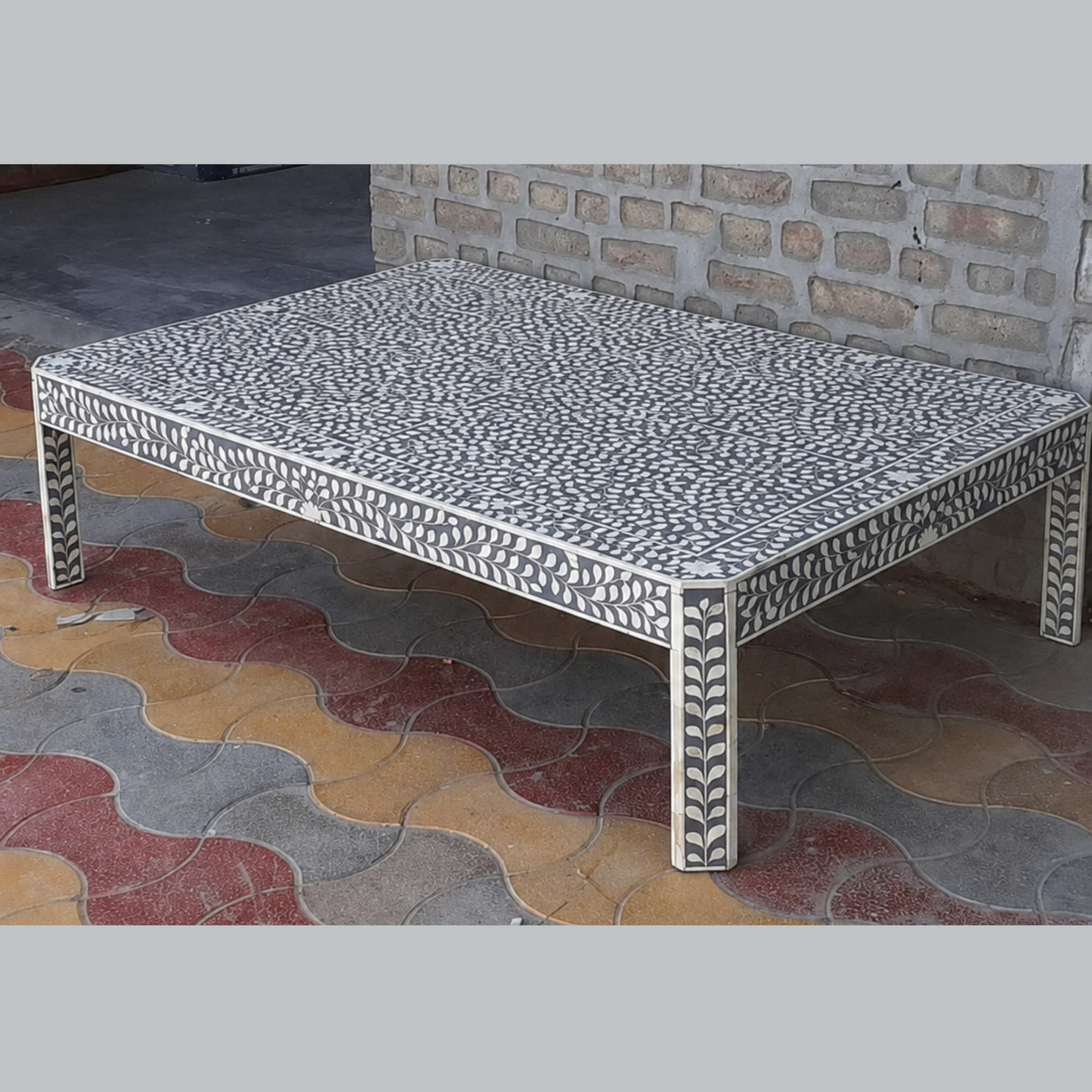 Handmade Bone Inlay Coffee Table Black White Floral Pattern Rectangle Coffee Table Luxury Living Room Furniture