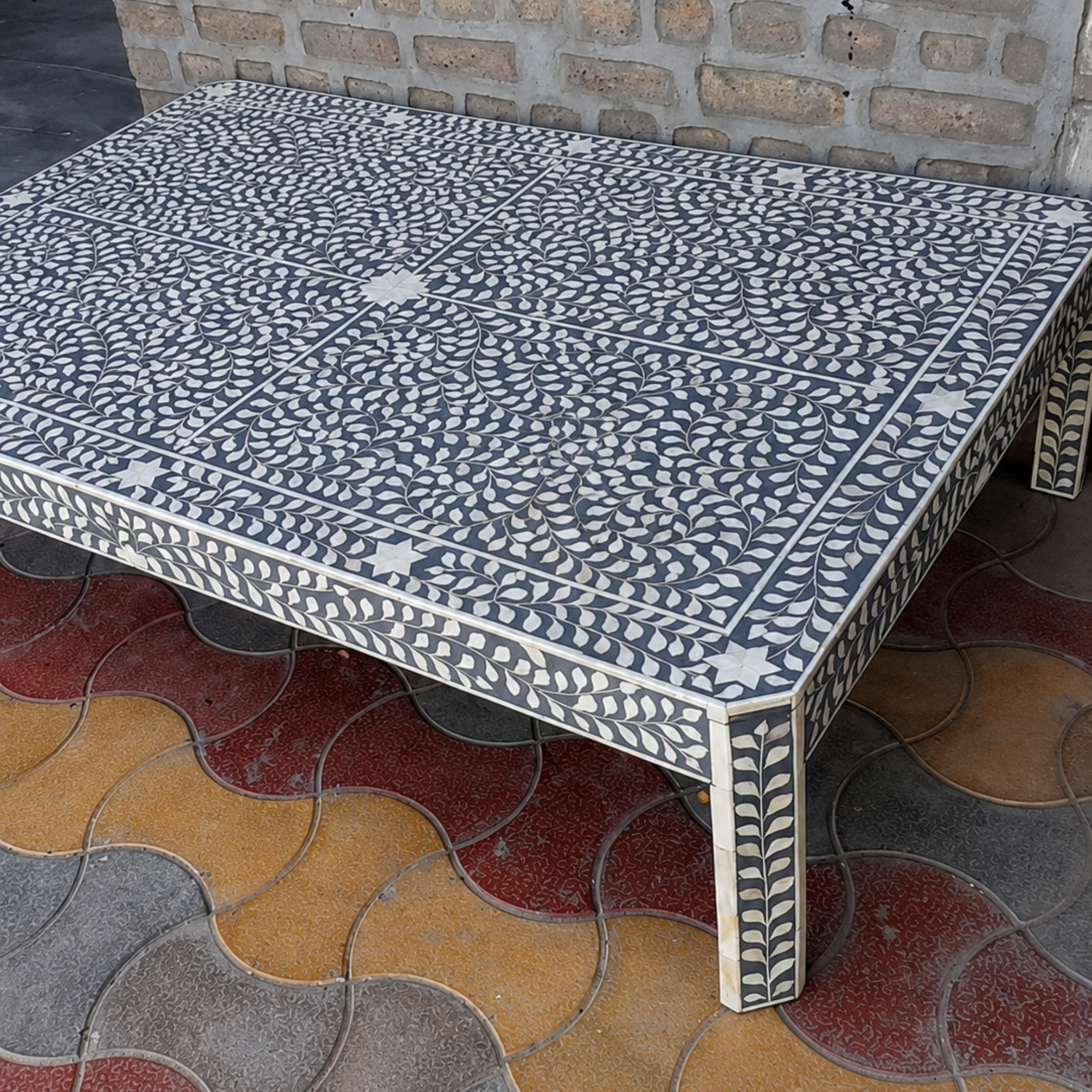 Handmade Bone Inlay Coffee Table Black White Floral Pattern Rectangle Coffee Table Luxury Living Room Furniture