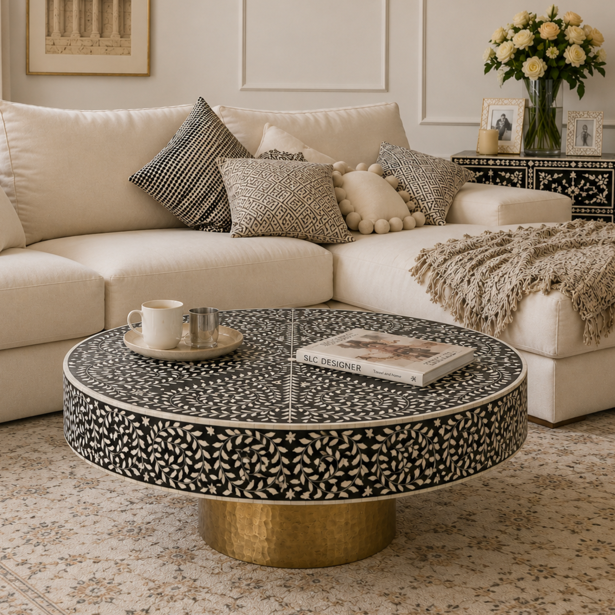Black Floral Bone Inlay Round Coffee Table | Handmade Luxury Center Table