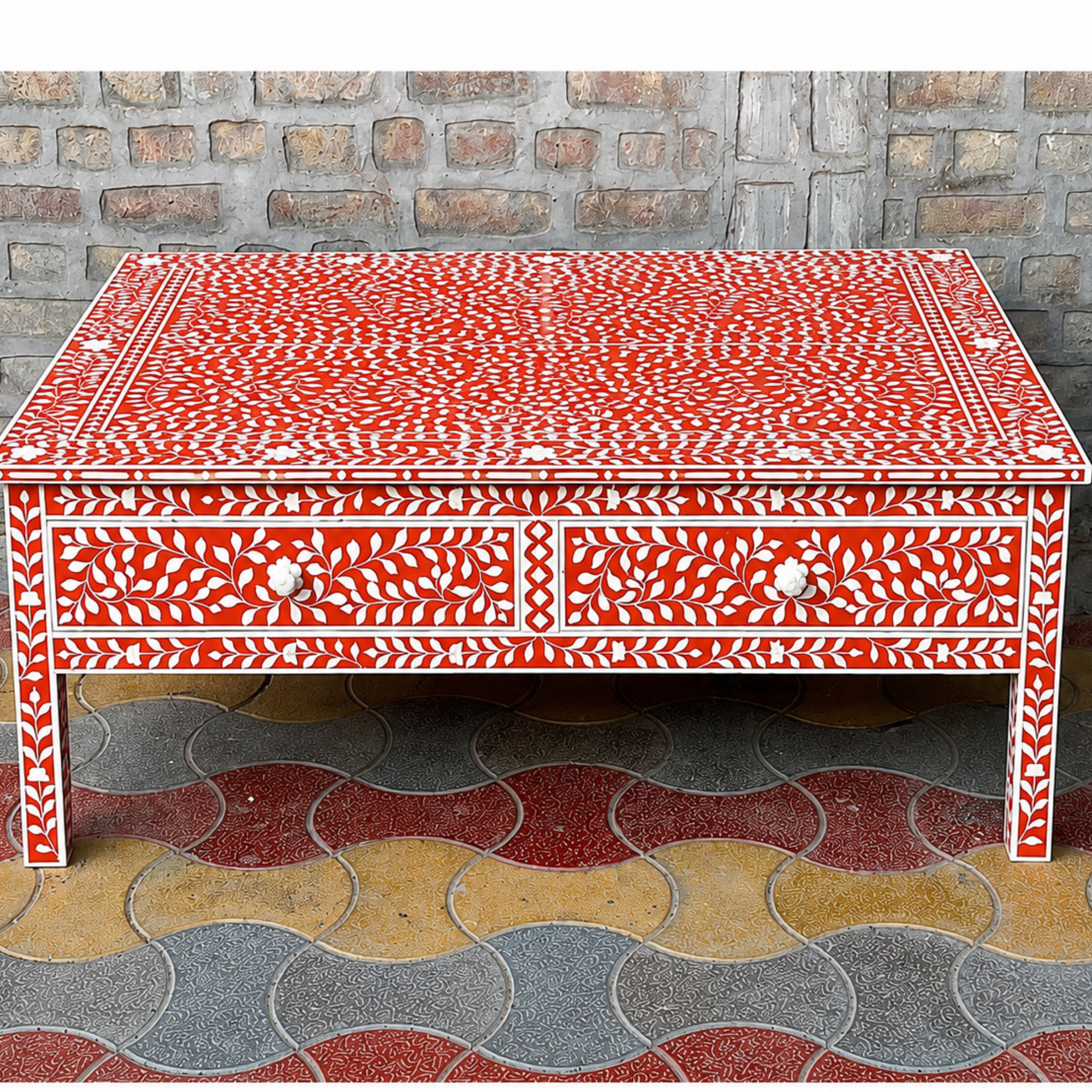 Handmade Red Bone Inlay Coffee Table with Drawers | Floral Pattern Coffee Table | Luxury Living Room Furniture