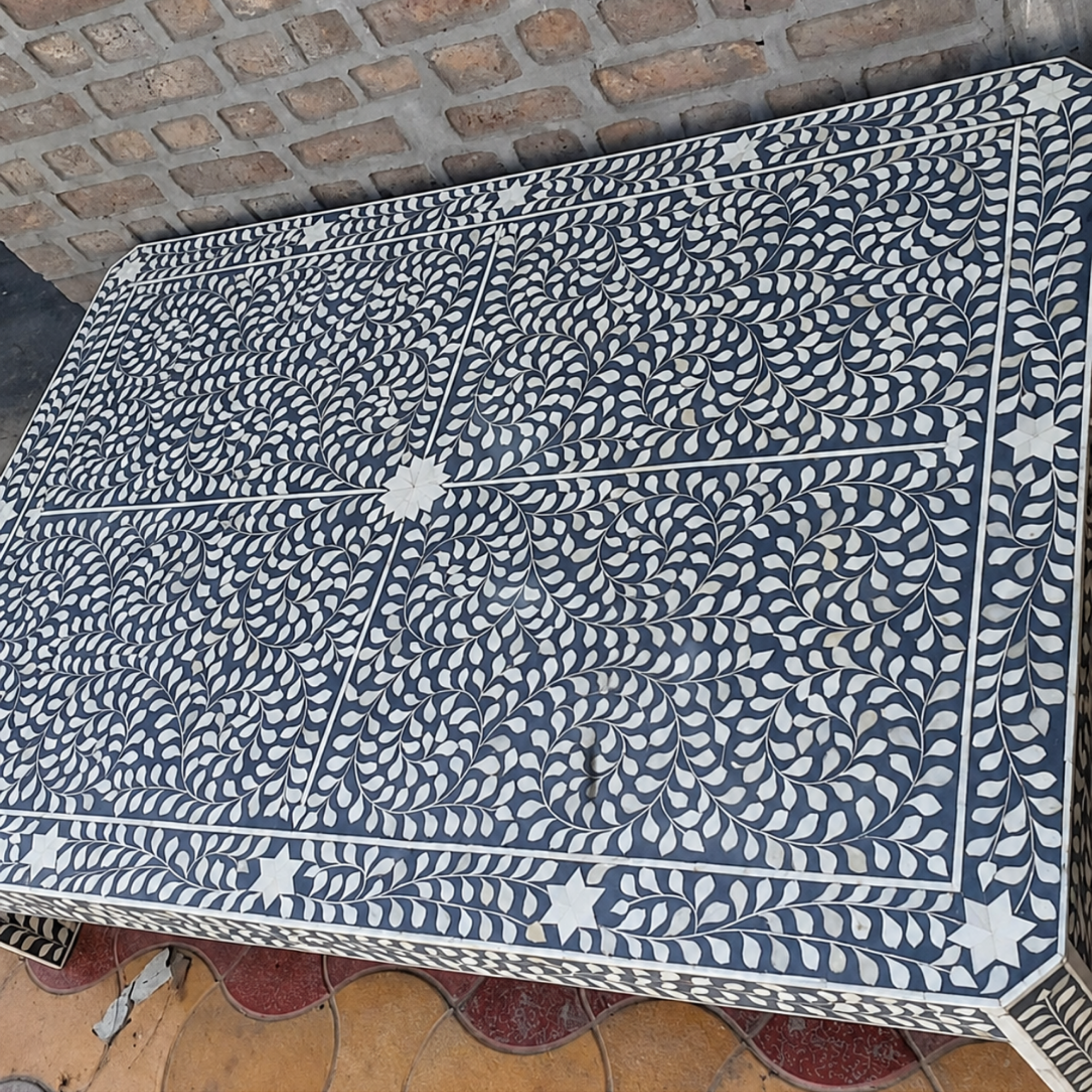 Handmade Bone Inlay Coffee Table Black White Floral Pattern Rectangle Coffee Table Luxury Living Room Furniture