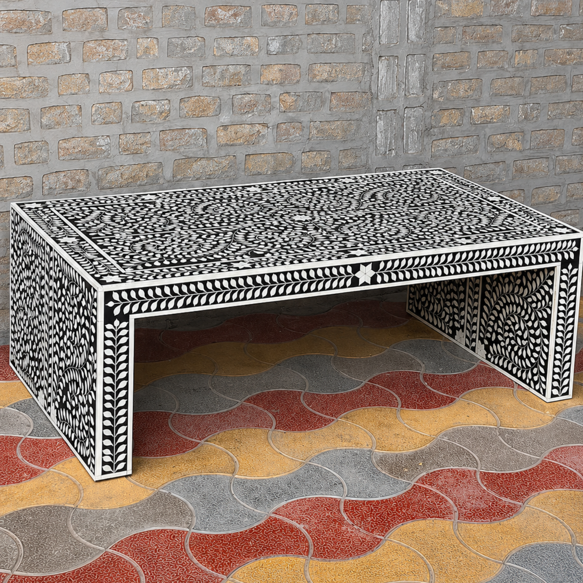 Black Floral Bone Inlay Coffee Table Handmade Rectangle Coffee Table Luxury Bone Inlay Furniture Living Room Table