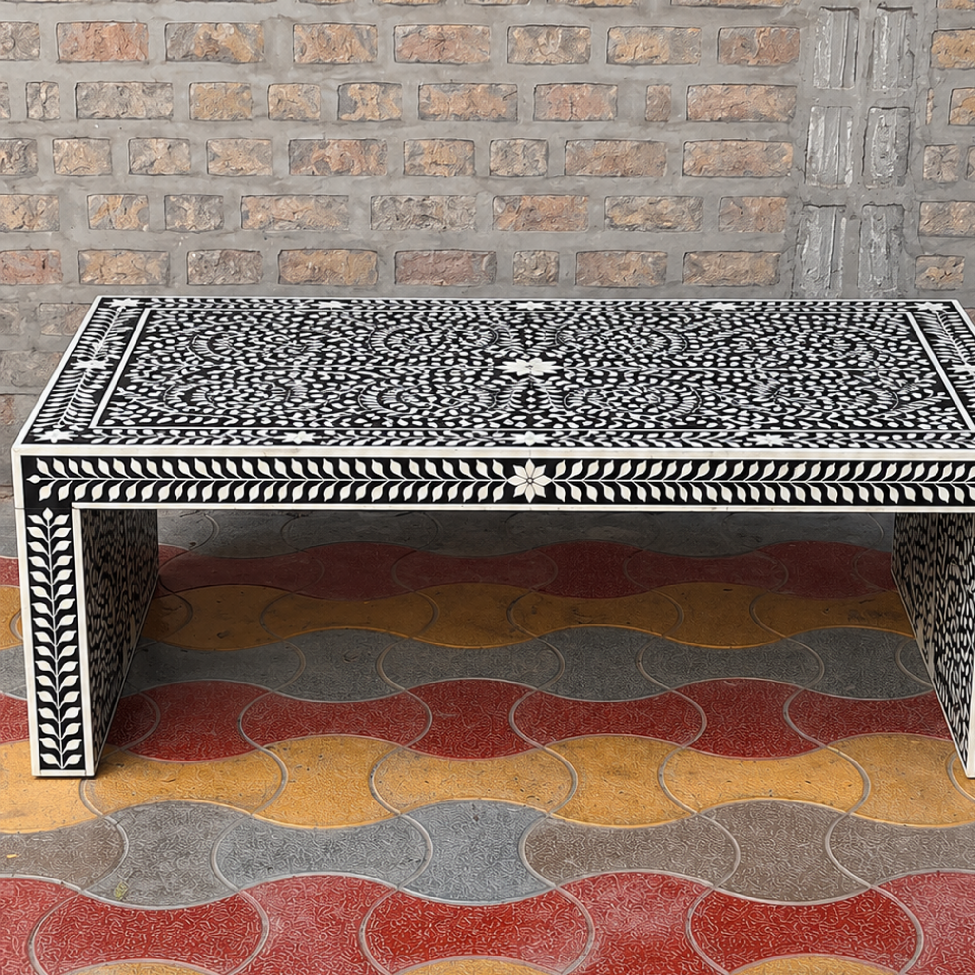 Black Floral Bone Inlay Coffee Table Handmade Rectangle Coffee Table Luxury Bone Inlay Furniture Living Room Table